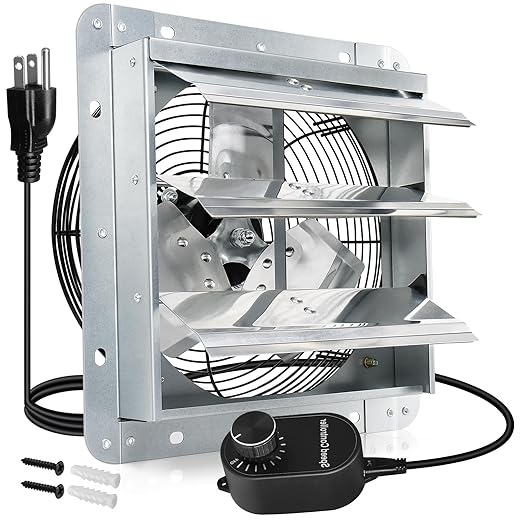 Hiorucet 7 Inch Shutter Exhaust Fan with Speed Controller and Power Cord Kit for Garage, Greenhouse, Shop, Attics, Chicken Coop, Basement, 760CFM 1600RPM Low Noise Wall Mounted Louvered Exhaust Fan.