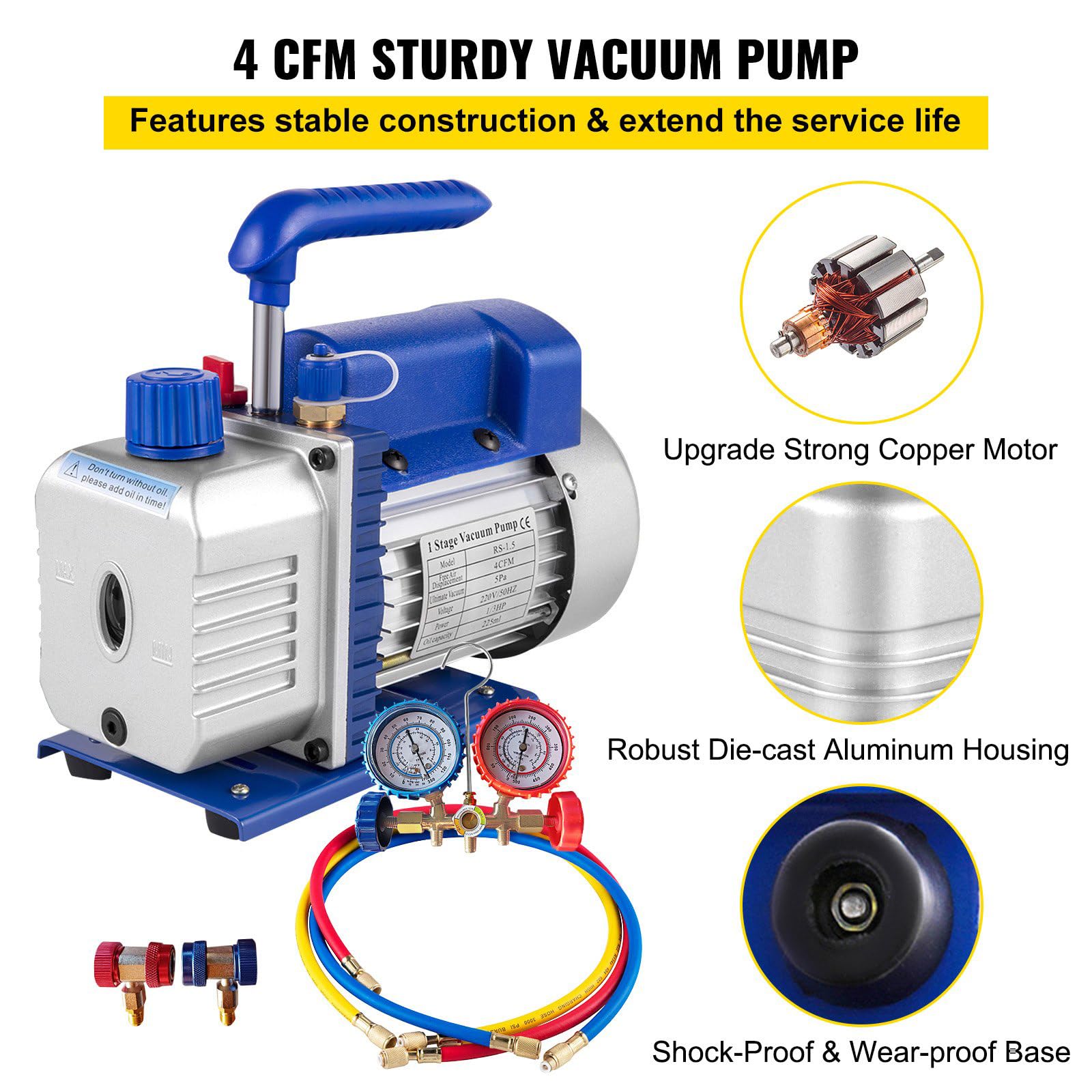 Bomba de Vacio Aire Acondicionado HVAC 4CFM1/3HP 220V 50Hz, 4 Válvula de Presión, para Coche, Refrigerador, Mantenimiento Automotriz y Envasado al Vacío