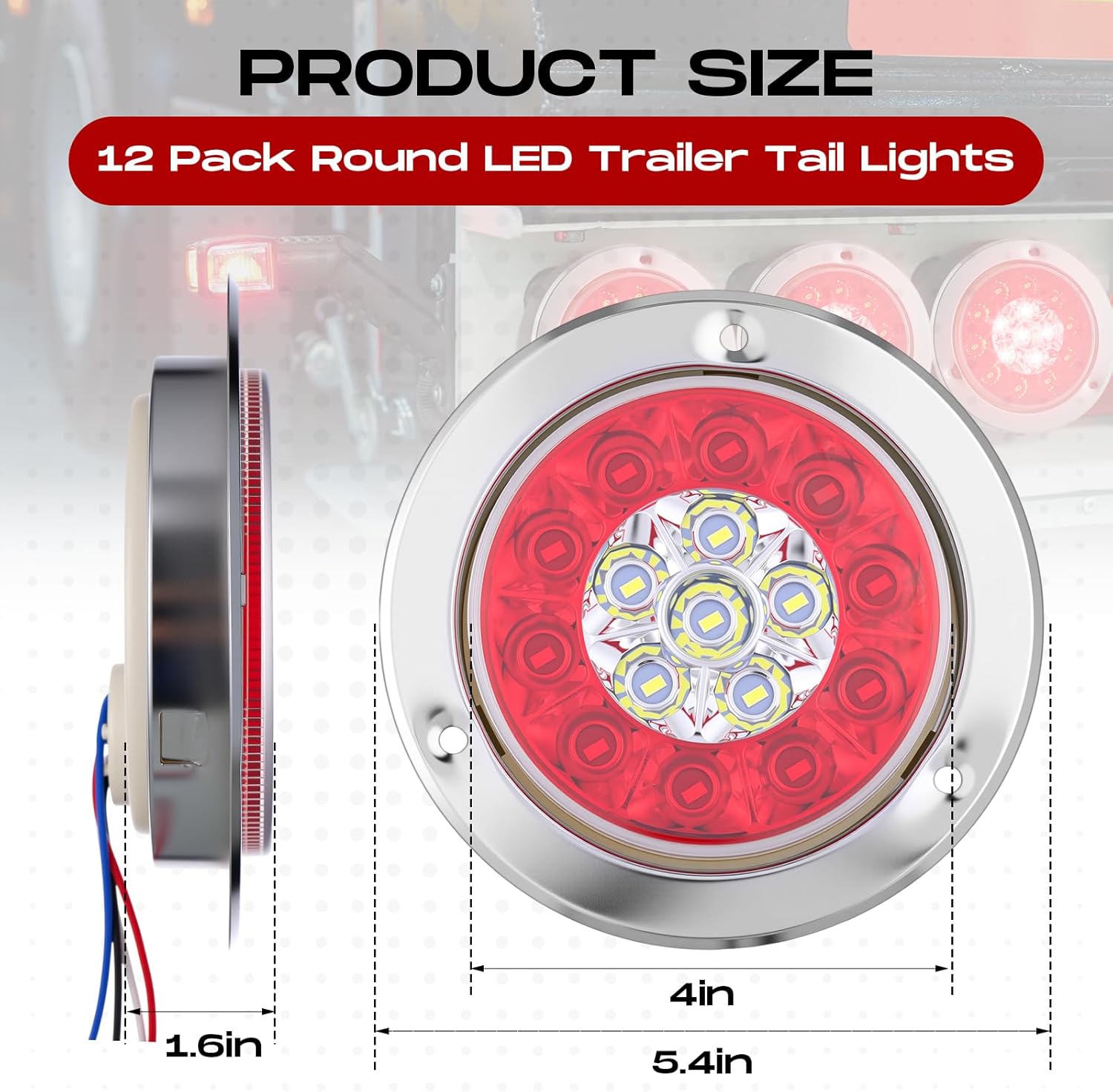 Riakrum 12 Pcs 4 Inch Round LED Trailer Tail Lights 16 LEDs Waterproof Stop Turn Brake Backup Reverse Running Lights with Rubber Grommet Sealed Round Red White LED Lamps for Trailer Truck RV (Classic)