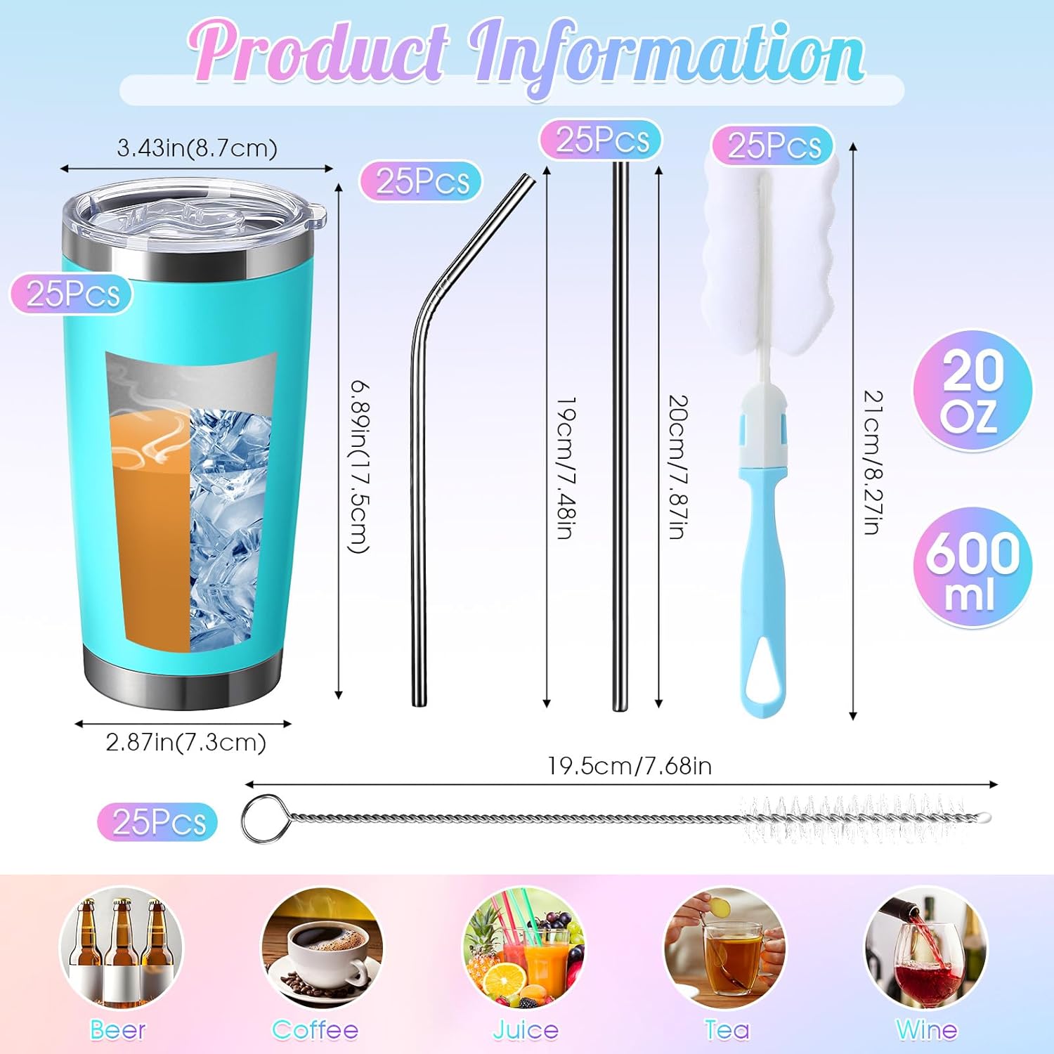 Sieral 25 Pack 20oz Tumbler Bulk Stainless Steel Cups Double Wall Vacuum Insulated Travel Mug Bulk Durable Tumblers with Lid and Straw Powder Coated Coffee Cups (Stylish Color)