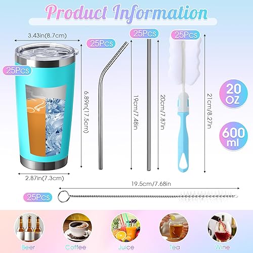 Miniatura 9 de Paquete de 25 vasos de acero inoxidable a granel de 20 onzas, vasos de viaje con aislamiento al vacío de doble pared, vasos duraderos con tapa y
