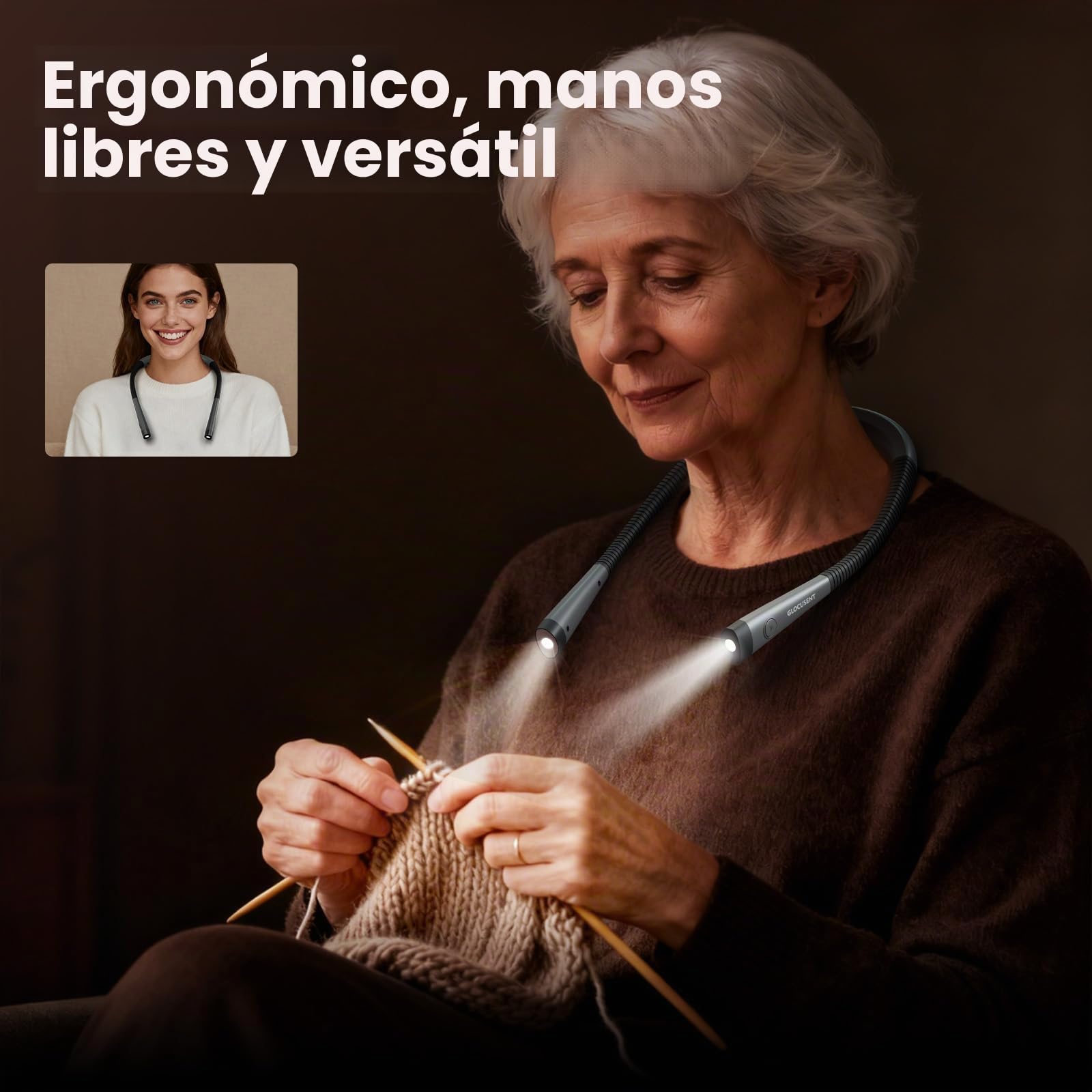 Glocusent Luz de Lectura, Lampara Libro de Lectura Recargable, 3 Colores, 6 Niveles de Iluminación, Brazos Flexibles, Larga Duración, Perfecto para Leer, Tejer, Acampar, Reparar