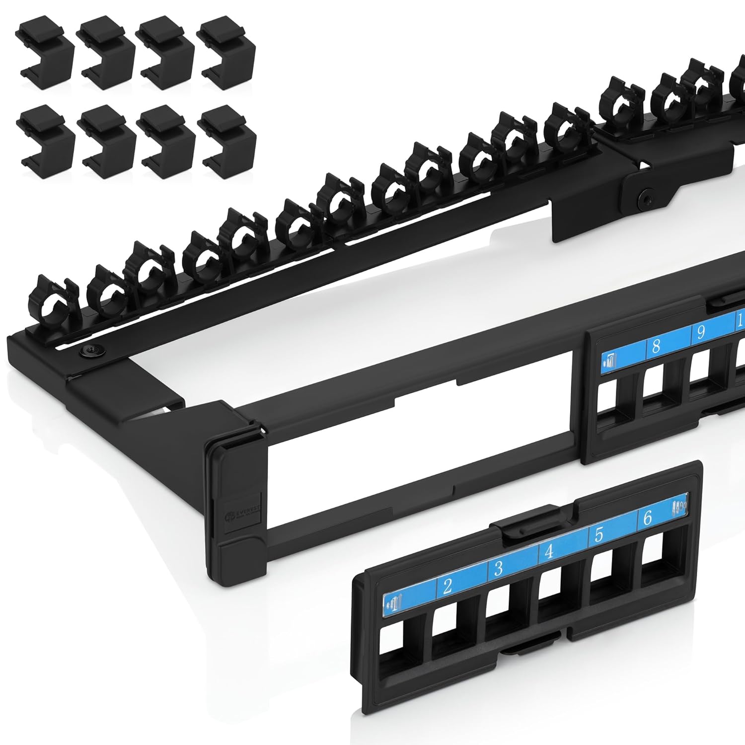 Everest 24 Port Keystone Patch Panel (1-Pack) – Removable 6-Port Panels – Use with Slim Profile Keystones ONLY (Wider Jacks May not fit Side by Side) – with Adjustable Rear Cable Management Bar