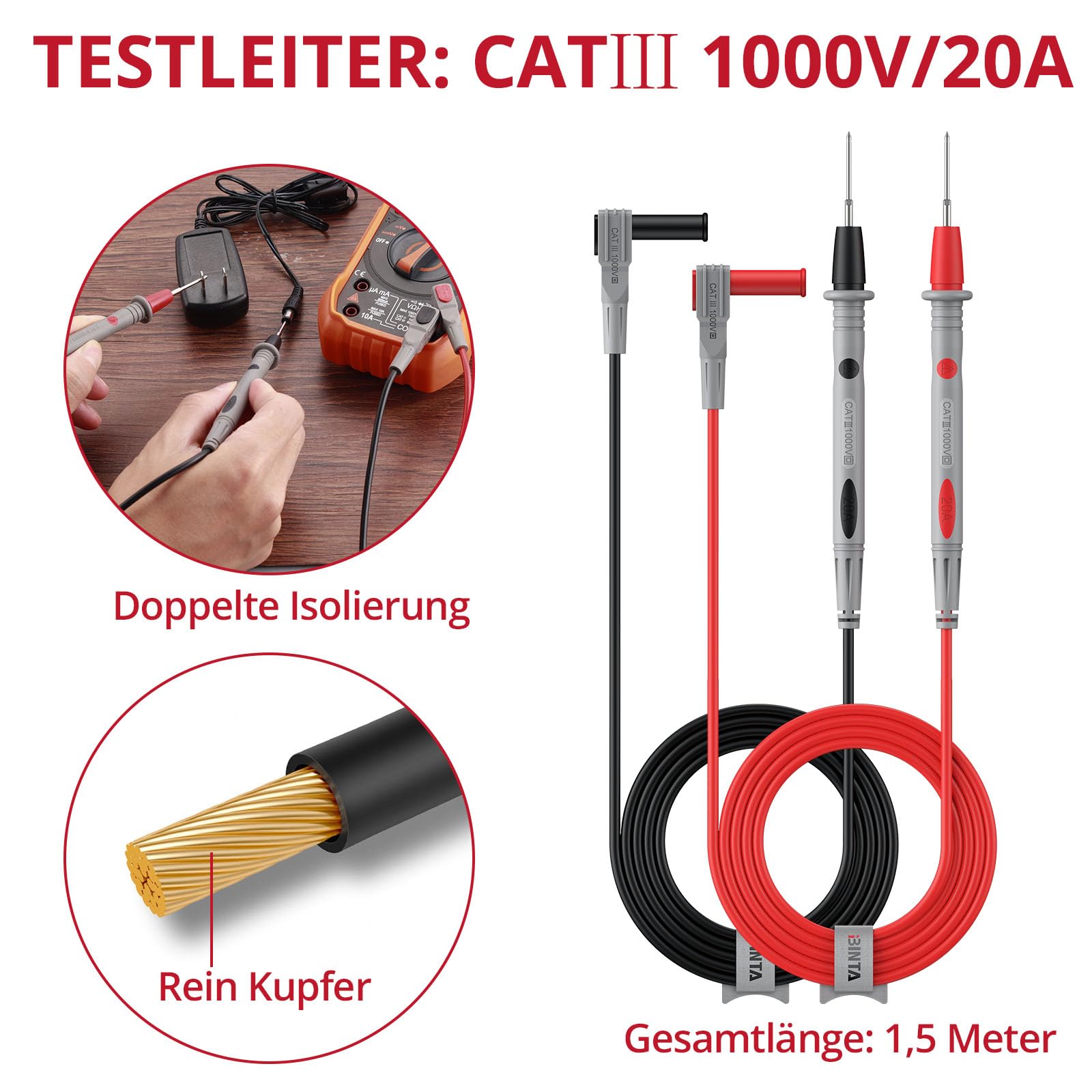 BINTA Multimeter Messleitungen Set 25-in-1 Elektro-Multimeter-Testkabel mit Krokodilklemmen, Testsonde, Federgreifer, Bananenstecker für Spannungskreistester