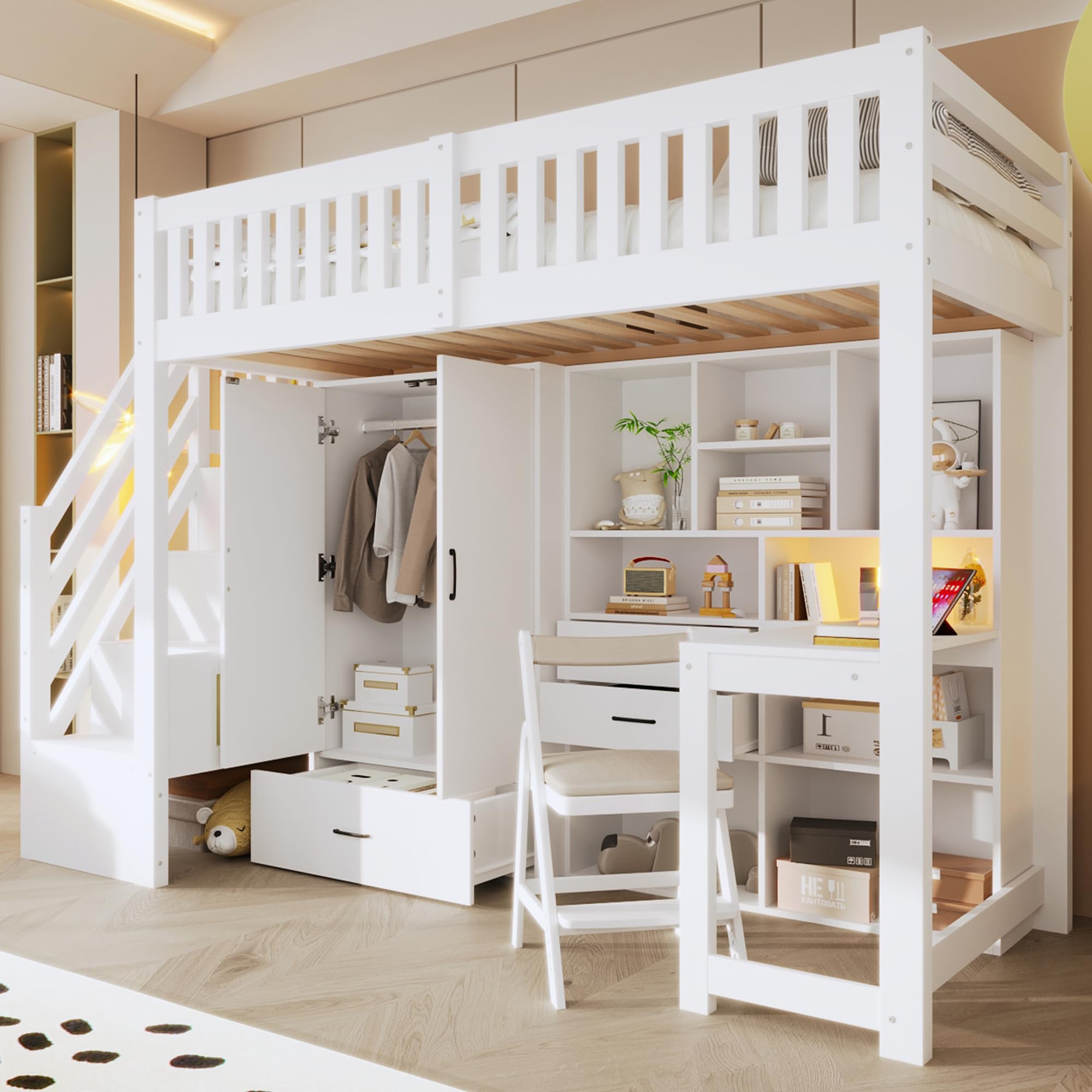Cama alta de 90 x 200 cm, de madera, con escalera, armario, escritorio, cama juvenil con cajones, compartimentos de almacenamiento, sin colchón