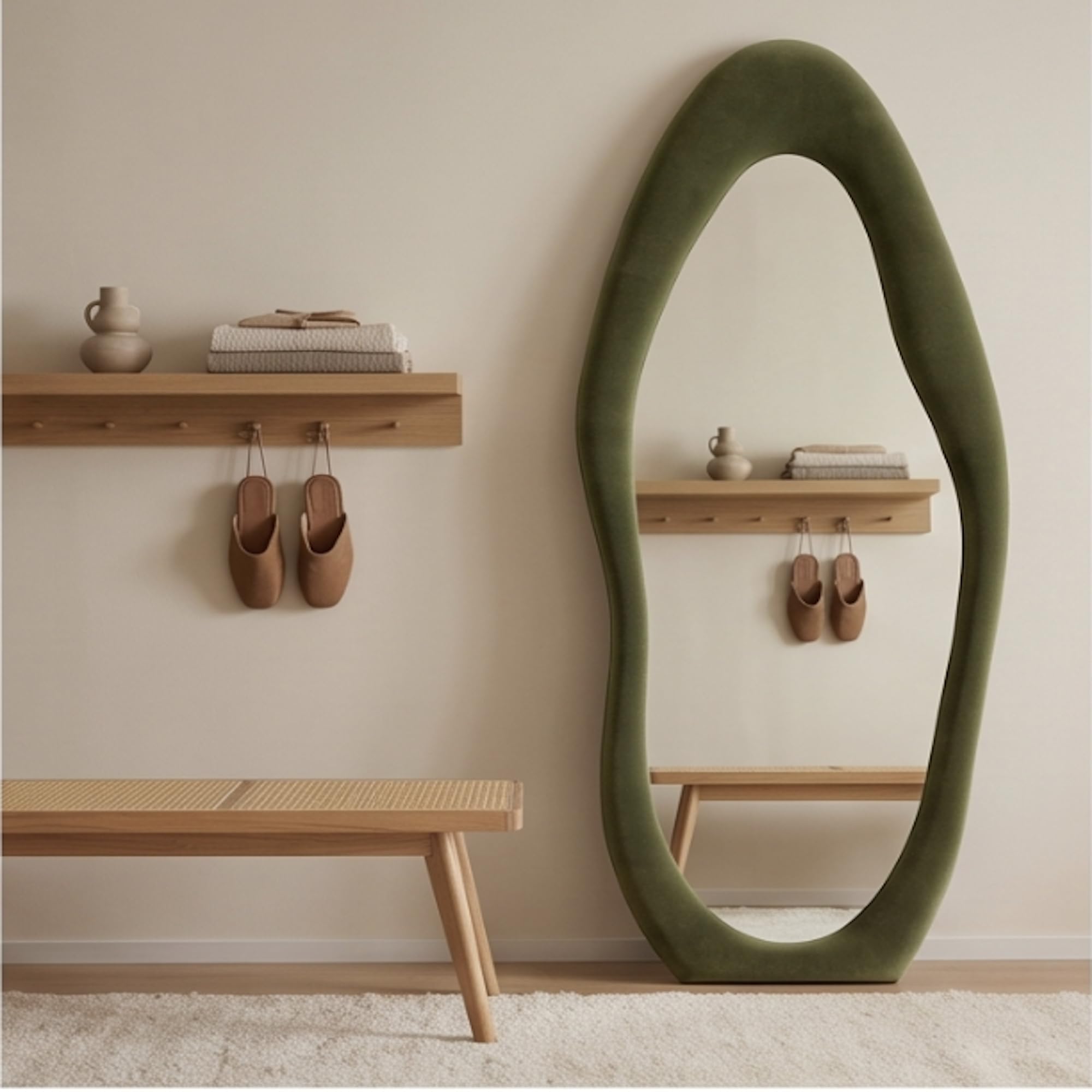 The Artment Fluid Reflection Unbreakable Full-Length Asymmetrical Shape Mirror with Plush Green Velvet Frame, Floor-Standing or wall-Leaning Design for Bedroom, Dressing Area & Home (170 X 70 CM)-picture-25