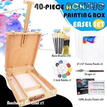 Tabletop Art Easel Box Set, 40PCS Painting Kit for Adult Artists & Beginners, Easel Stand with 24 Acrylic Paints, 3 Canvas Panels, Brushes, for Indoor & Outdoor Use, Painting & Sketching