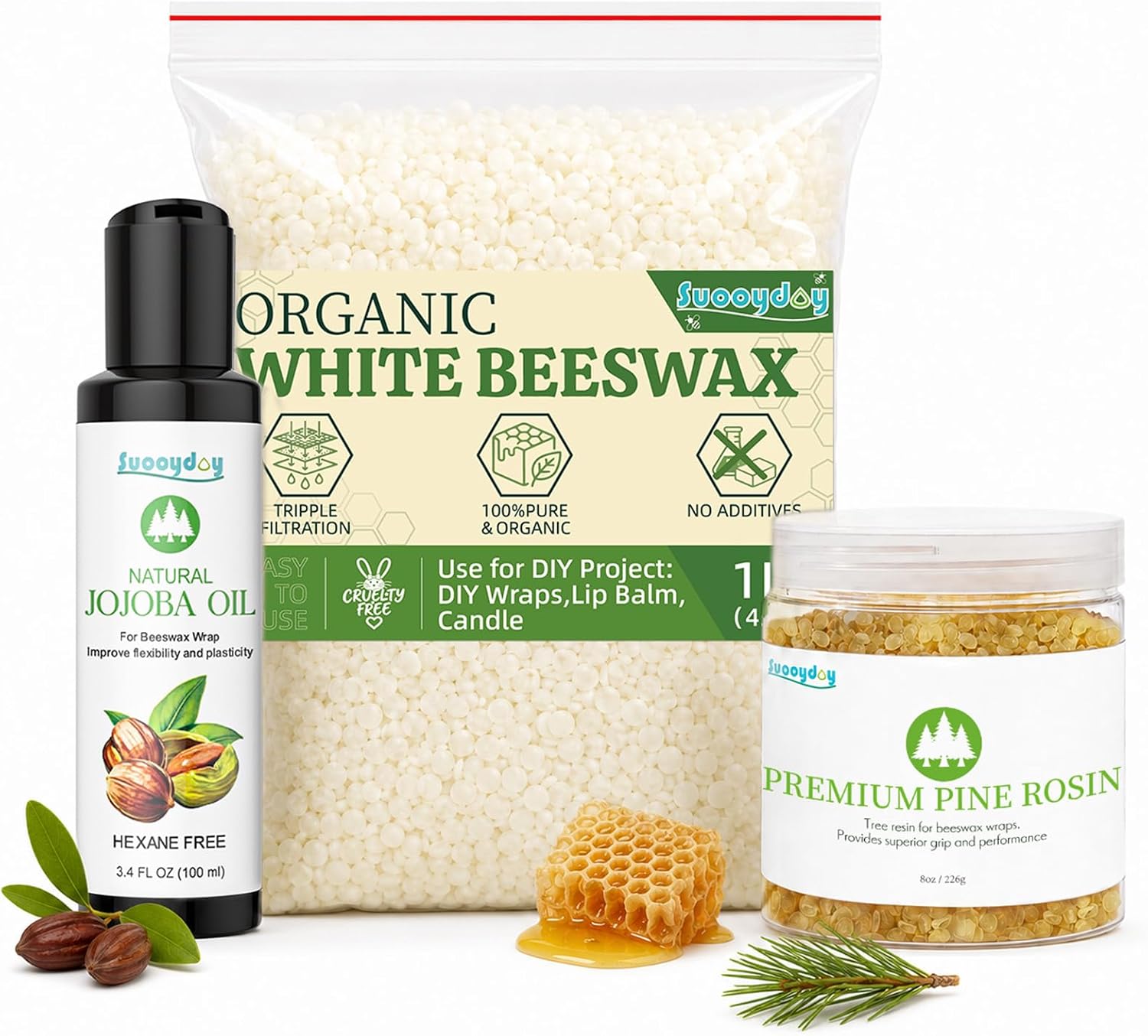 Suooydoy Beeswax Wrap DIY Kit – 1 lb White Beeswax Pellets, 8 oz Pine Resin & 3.4 fl oz Jojoba Oil, Natural Pine Rosin Ingredients for Reusable Food Wraps, Candle Making & DIY Crafts