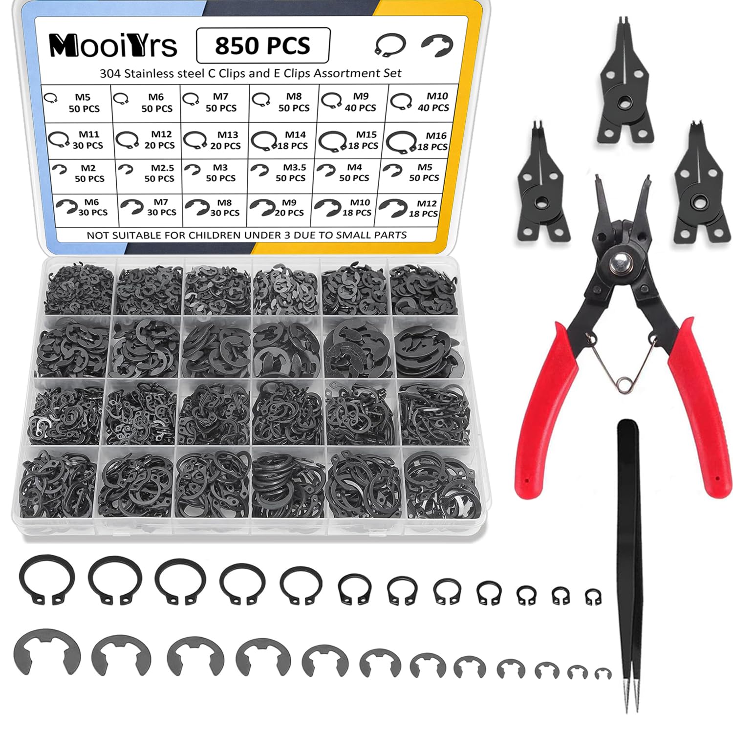 850Pcs C clip External Retaining Rings Snap Rings Assortment(M5-M16) and E clip Assortment Set(M2-M12),5Pcs Snap Ring Plier,Tweezer,24 Sizes Black Carbon Steel Circlip Retaining Clip
