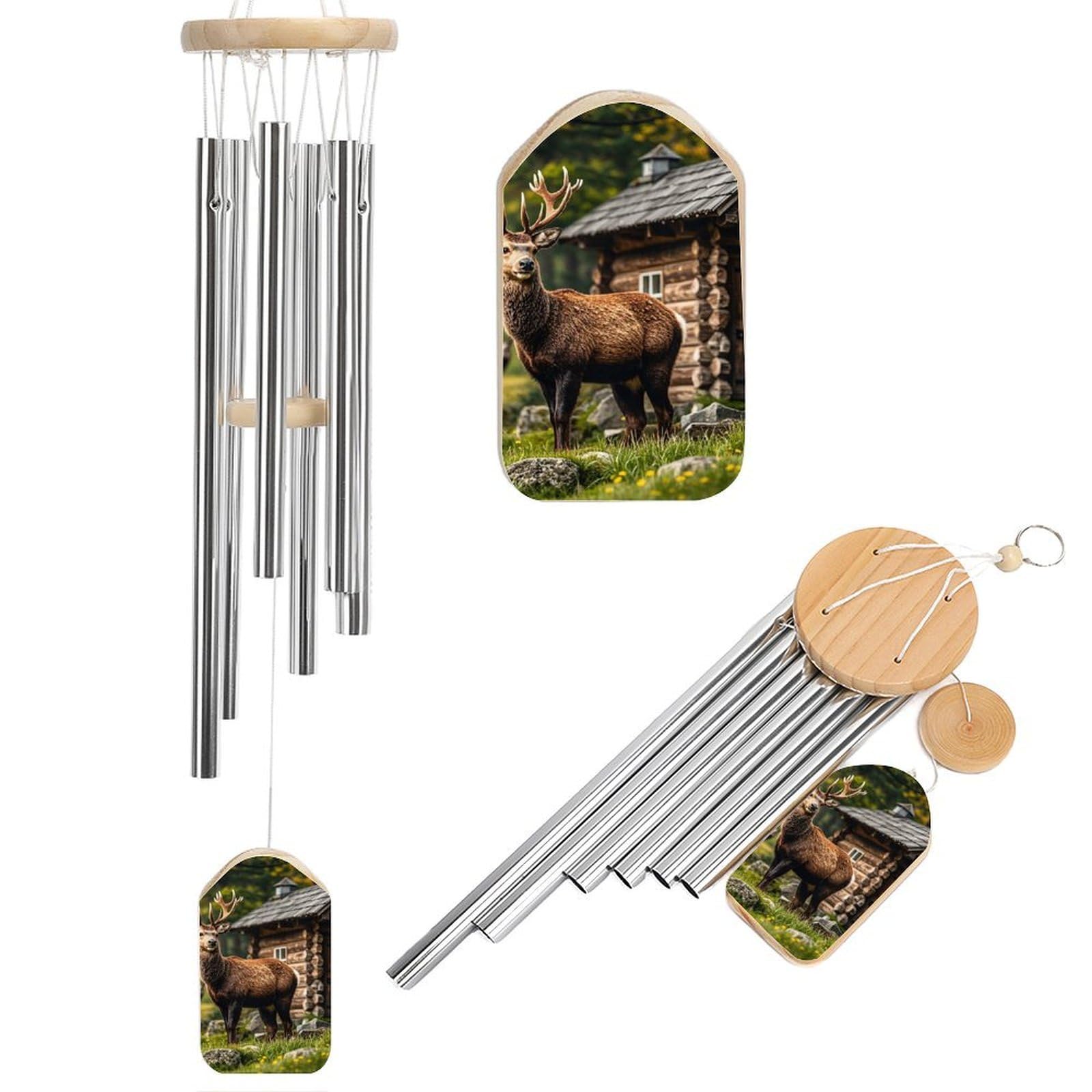 Carillon à vent de prestige en aluminium avec silhouettes ours et cerf pour jardin