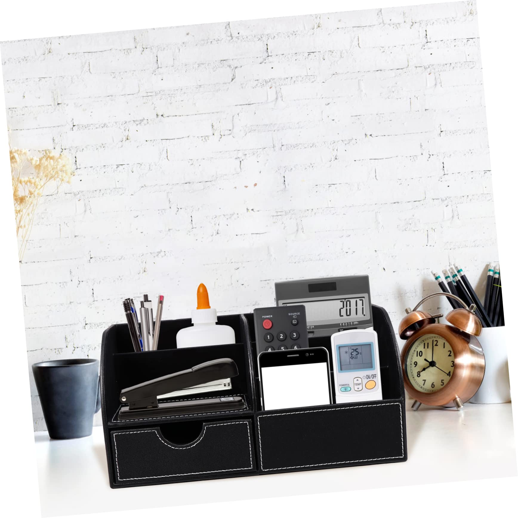 Stiftehalter aus Pu Leder, Quadratisch Schwarz, Schreibtisch Organizer | Abschlussfeier, Einschulung Deko, Fein Verarbeitet, für Schere und Lineal, Modern Dekorativ