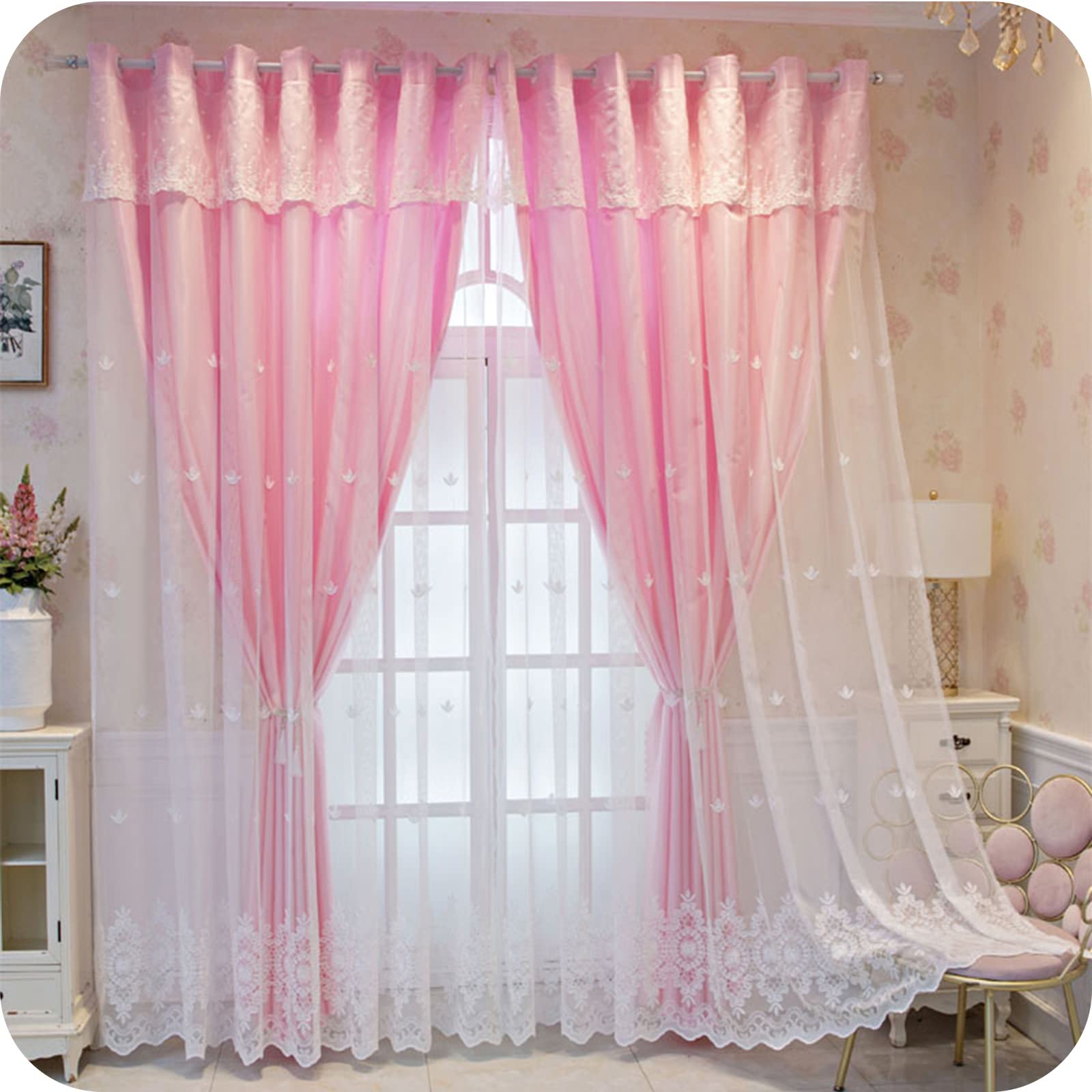 Mix & Match Set Tende 4 Pezzi: 2 Oscuranti Bianche + 2 Trasparenti Chiffon Rosa Ombre, 132x213 Cm, Con Occhielli, Efficienza Energetica - 2