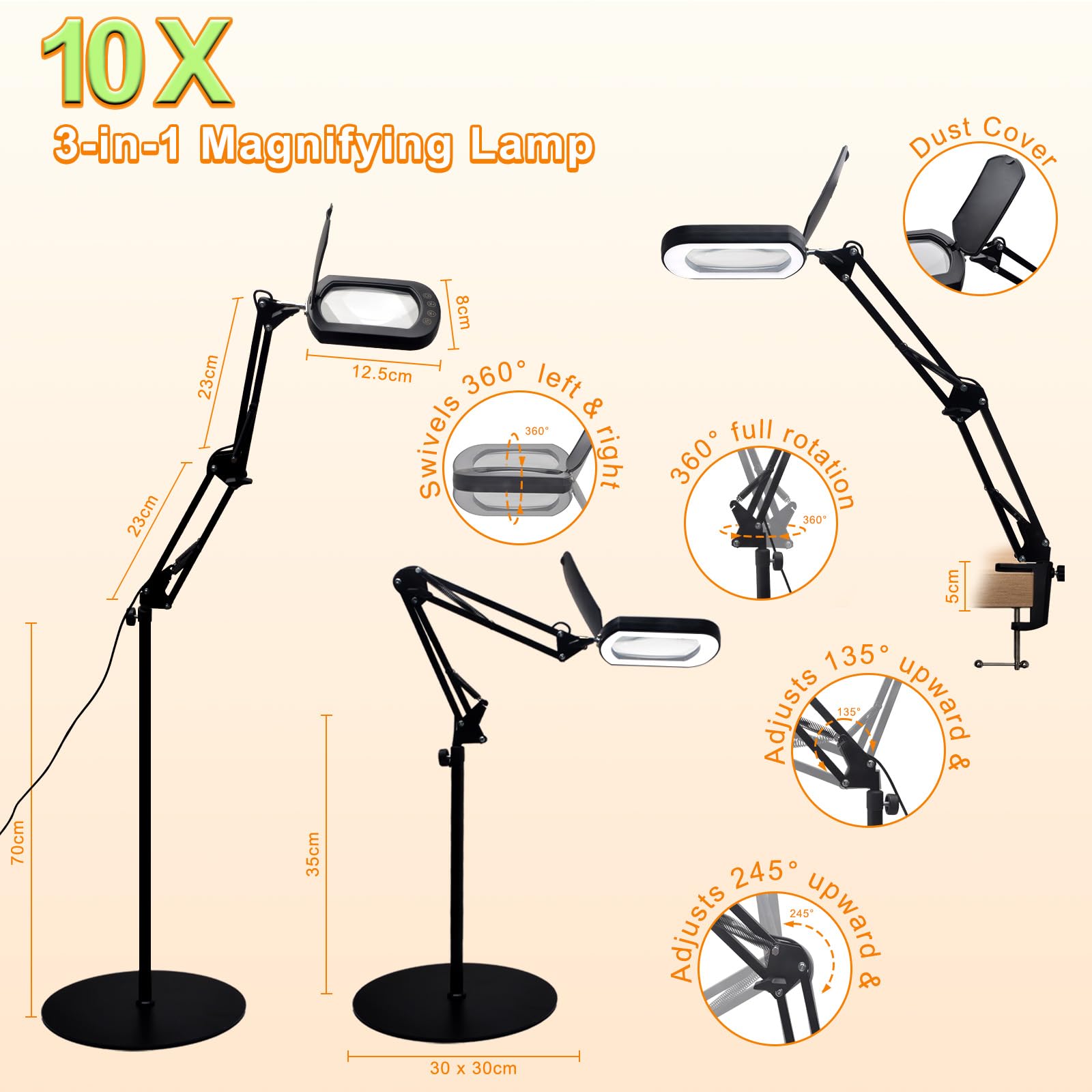 CGBE 10X Lupe mit Licht 3-in-1 LED Lupenlampe Dimmbar mit Sockel und Klemme | 5'' Leselupe mit Staubschutzhülle, LED, 5 Farbmodi, stufenlos dimmbar, 3-in-1, Sockel, Klemme, Lesen, Basteln, Reparatur