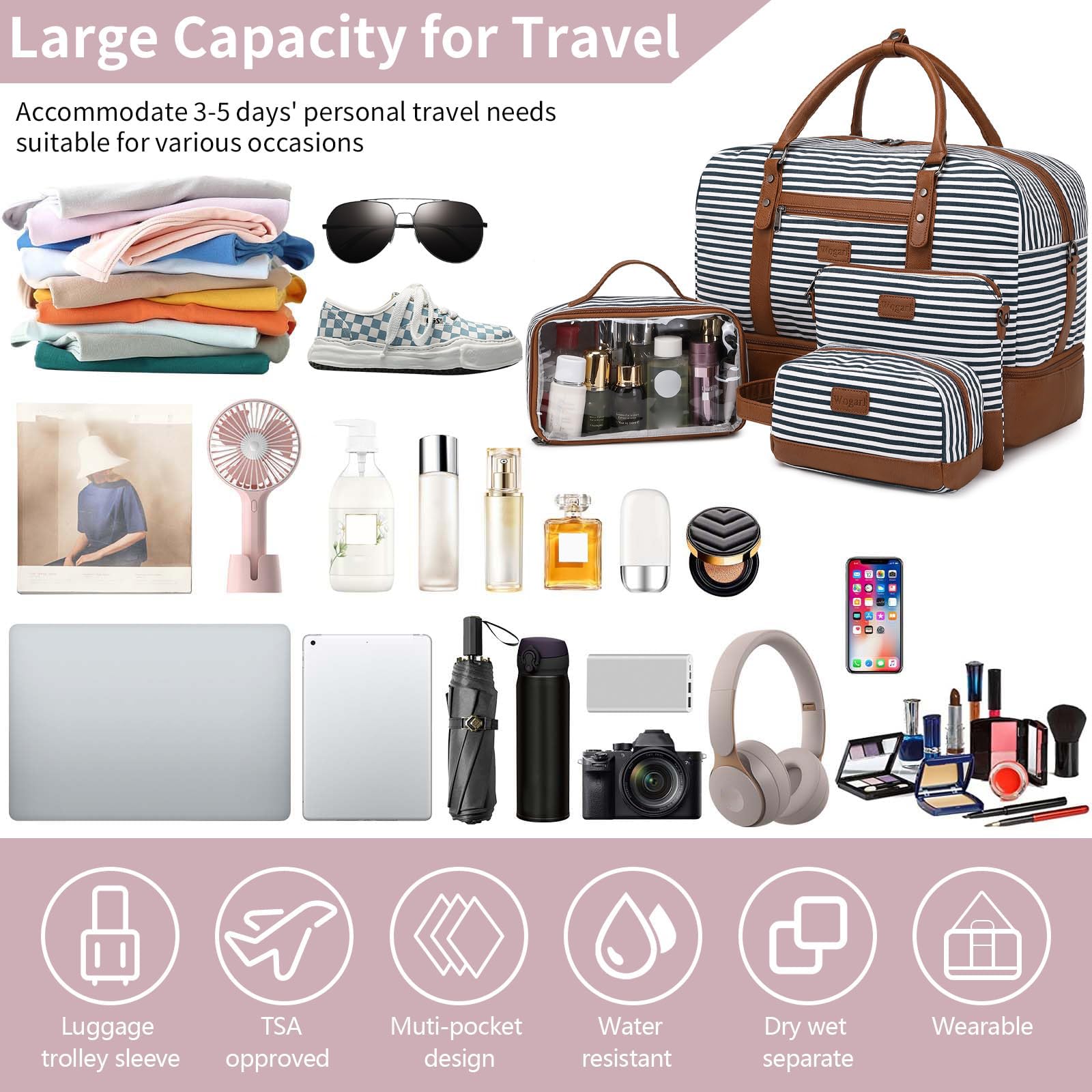 Wogarl Weekender-Tasche für Damen, große Segeltuch-Übernachtungstasche, Reisetasche, Handgepäck, Wochenendtasche mit Schuhfach für Reisen, Nachtflug, den täglichen Gebrauch