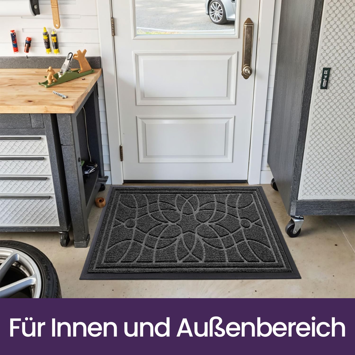 DEXI Fußmatte Außen rutschfest 60 x 90 cm, Schmutzfangmatte Waschbar, wetterfest Fussmatte Innen für Haustür, Balkon oder Terrassentür, Grau