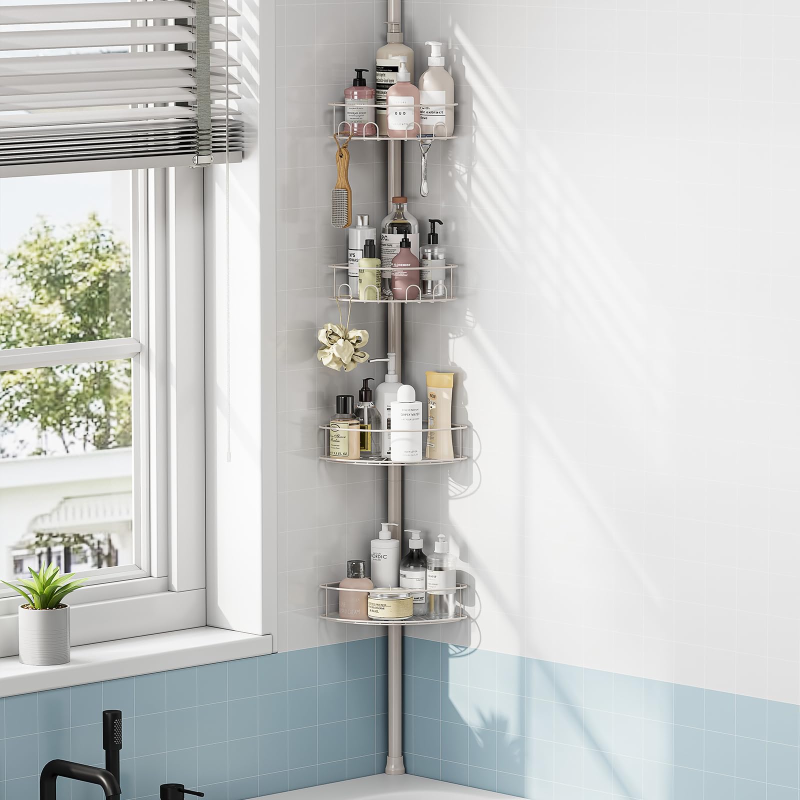 Urackify Tension Pole Corner Shower Caddy, Adjustable 4 Shelf Bathroom Organizer, Corner Towel Holder, 63.7-119 inch Waterproof Storage Corner Shelf, Sliver