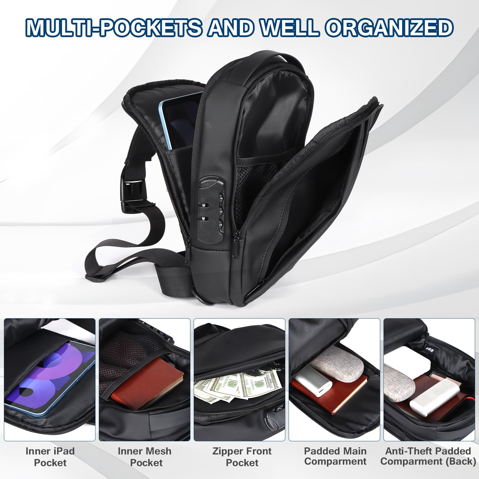 Borsa a tracolla per uomo antifurto borsa a tracolla per le donne zaino con porta di ricarica USB per viaggi, nero