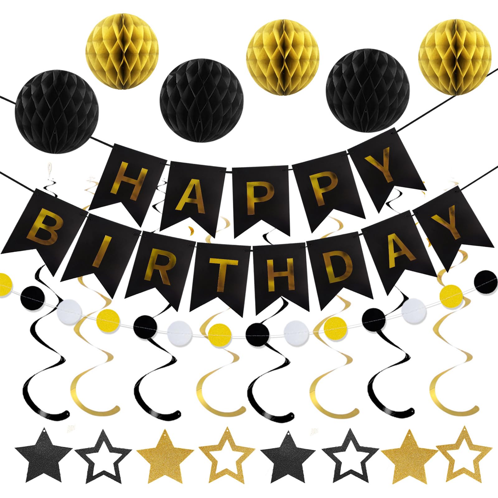 MYHOGOOD Birthday Decorations, Happy Birthday Banner with Honeycomb Balls Stars Hanging Swirl Streamers, Circle Dots Garland,Happy Birthday Decorations Set for Women, Men, Girls and Boys(Black)