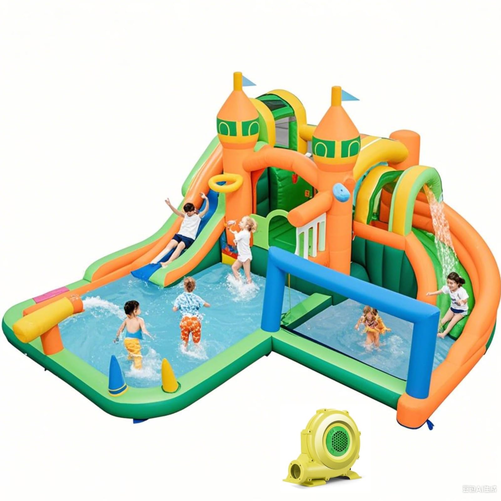 BOUNTECH Inflatable Water Slide, 9 in 1 Dual Slides Kids Water Park Jump Castle Water Soccer, Big Splash Pool, Water Slides Inflatables for Outdoor, Backyard Party Water Slide Bounce House with Blower