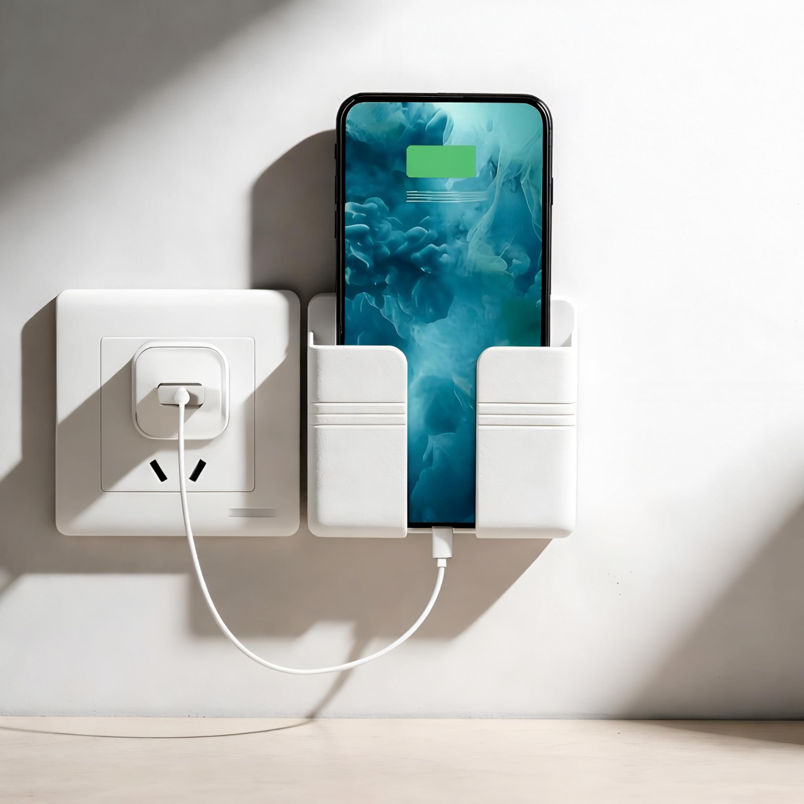 Wall Mount Mobile Charging Stand | ABS Phone Holder with Cable Slot | Bedside & Office Organizer | White | Pack of 1-image-37