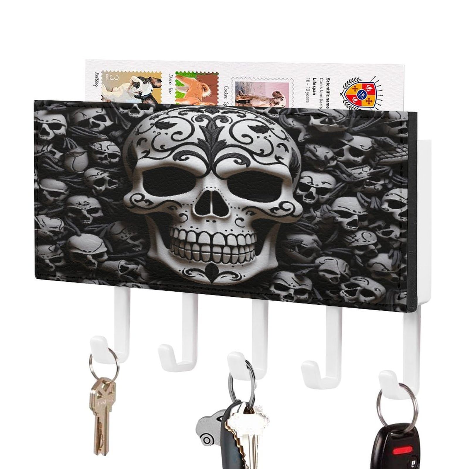 Fekiloot White-Style Black And White Skulls Key Holder Wall Mount Key Hanger With 5 Hooks Decorative Key Rack Hanging Key Hooks With Mail Organizer Key Holder For Wall Living Room Kitchen Bathroom Hallway White