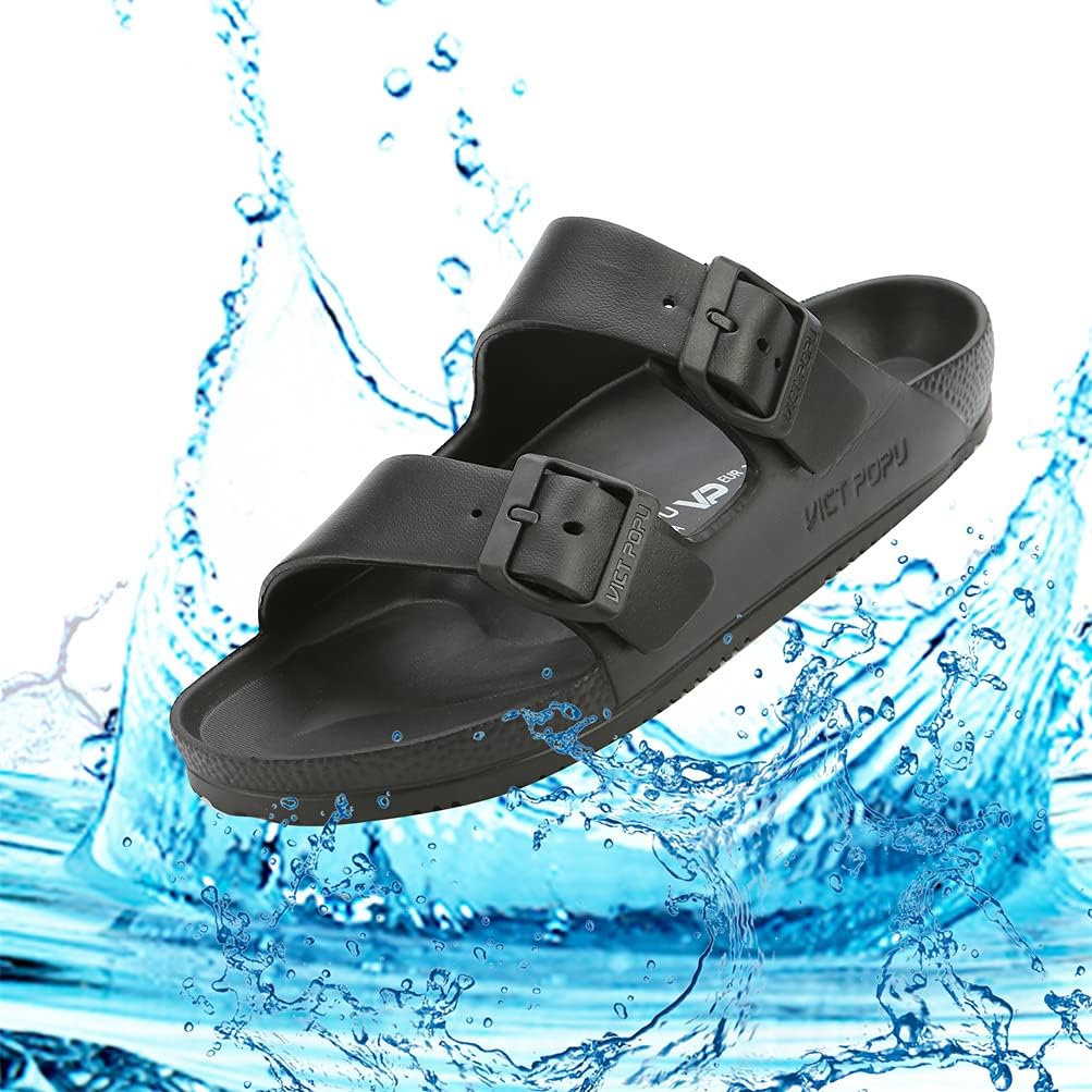 VICT POPU Womens Sandals Adjustable Double Buckle Strap Waterproof EVA Flat Slides - Image 5