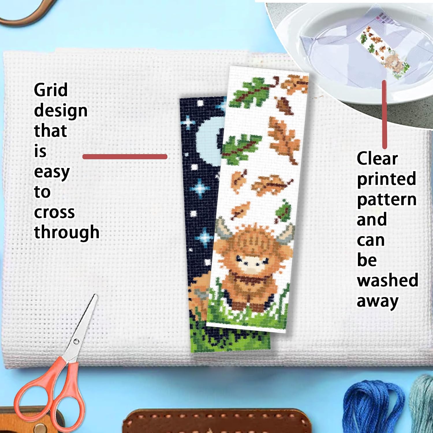 FREEBLOSS 6 Set 11CT Cross Stitch Bookmark Kit Highland Cattle Cartoon Stamped Crossstitch Kits Embroidery Bookmarks with Instructions for Beginner Adult 8"x2.4"