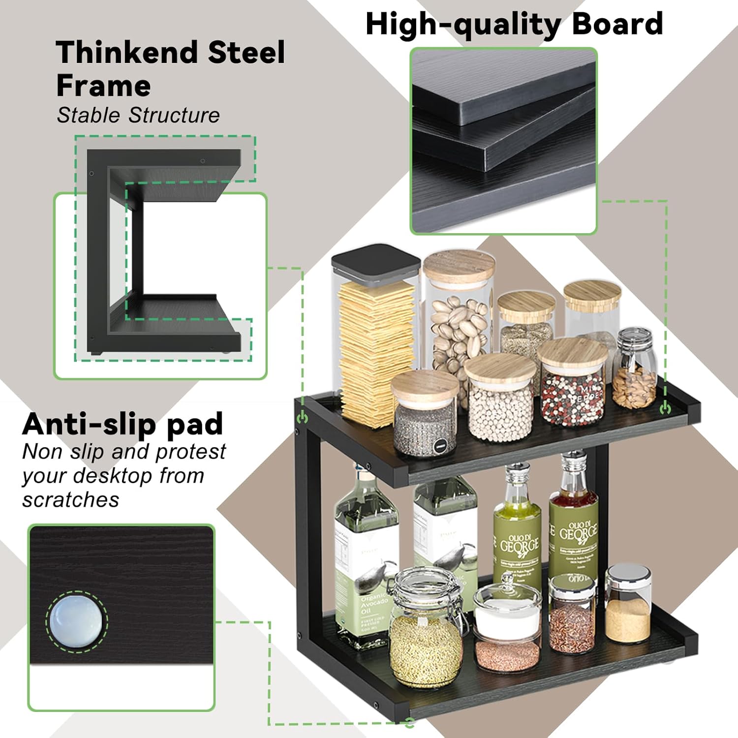 MARTY 2 Tier 12.6"x7.7" Counter Shelf Organizer Kitchen Spice Rack for Countertop, Coffee Station Organizer for Mugs Cups, Wood Shelf Desk Storage Organizer for Bathroom Home Office (Black)