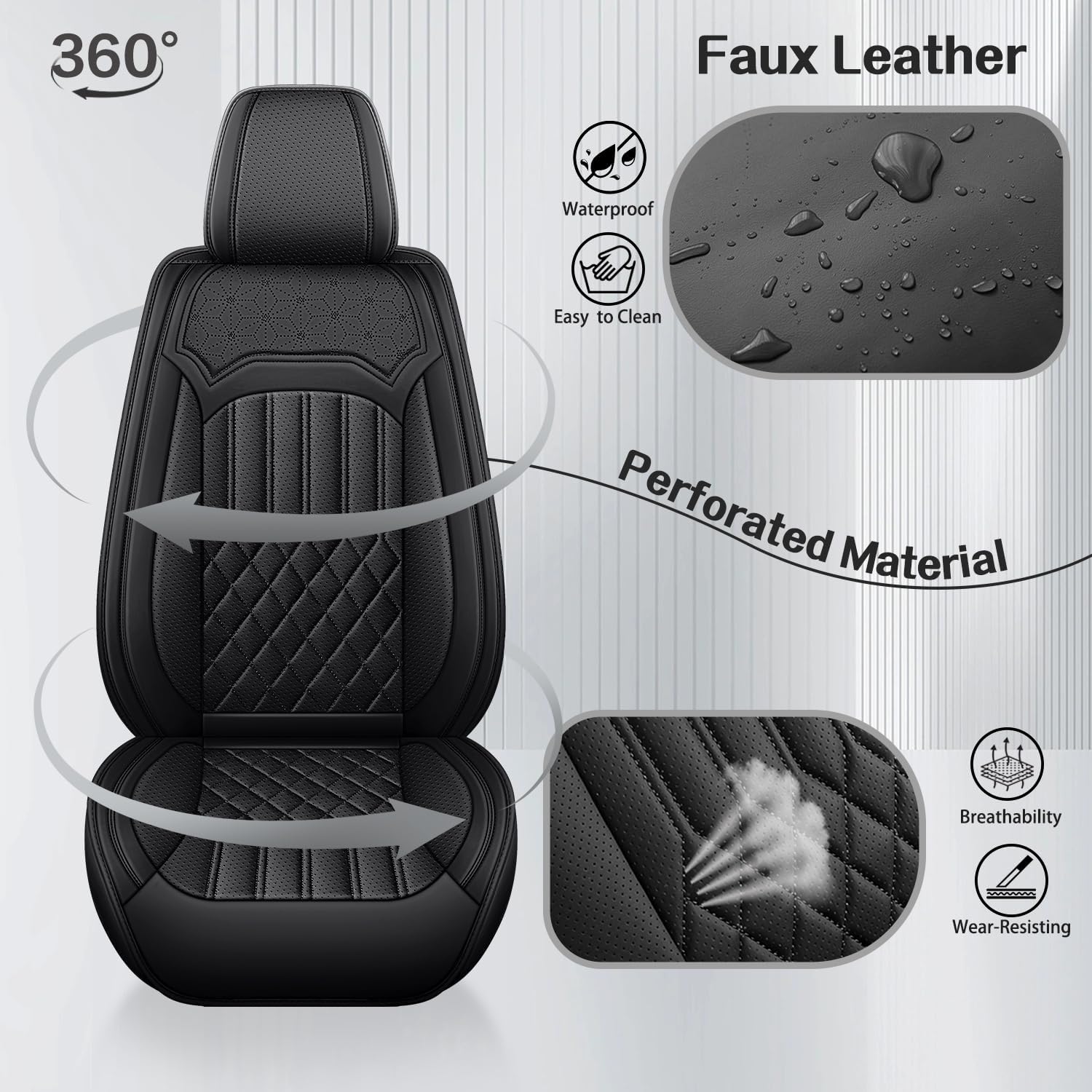 Seat Covers for Ford Ranger Pickup Truck 2019-2024 Full Set, Premium Nappa Leather Waterproof Breathable Non-Slip Wear Resistant Car Seats Protector, Durable Car Interior Seats Cover Cushion (Black)