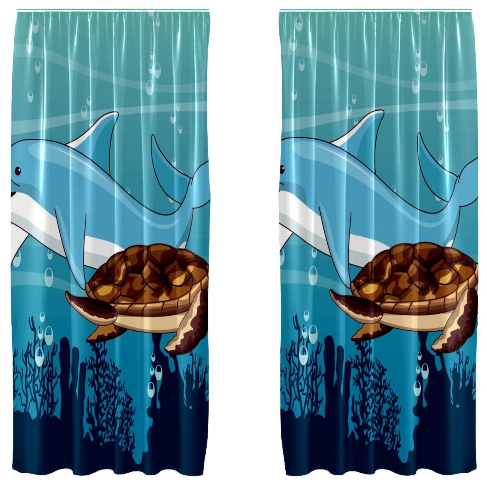 Cortinas de delfines y tortugas infantiles de 139x213 cm para el dormitorio en pack de 2 paneles