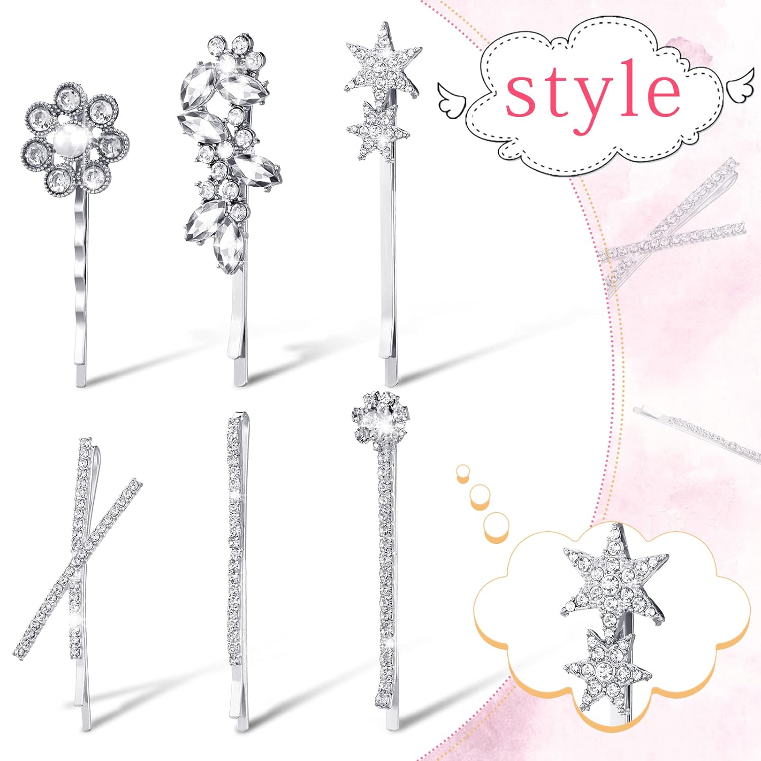 WILLBOND 12 Pieces Rhinestone Bobby Pins Decorative Fancy Crystal Hair Clips Shiny Metal X Shaped Barrettes Bling Diamond Wedding Bridal Shower Hair Accessories for Women Ladies(Silver)