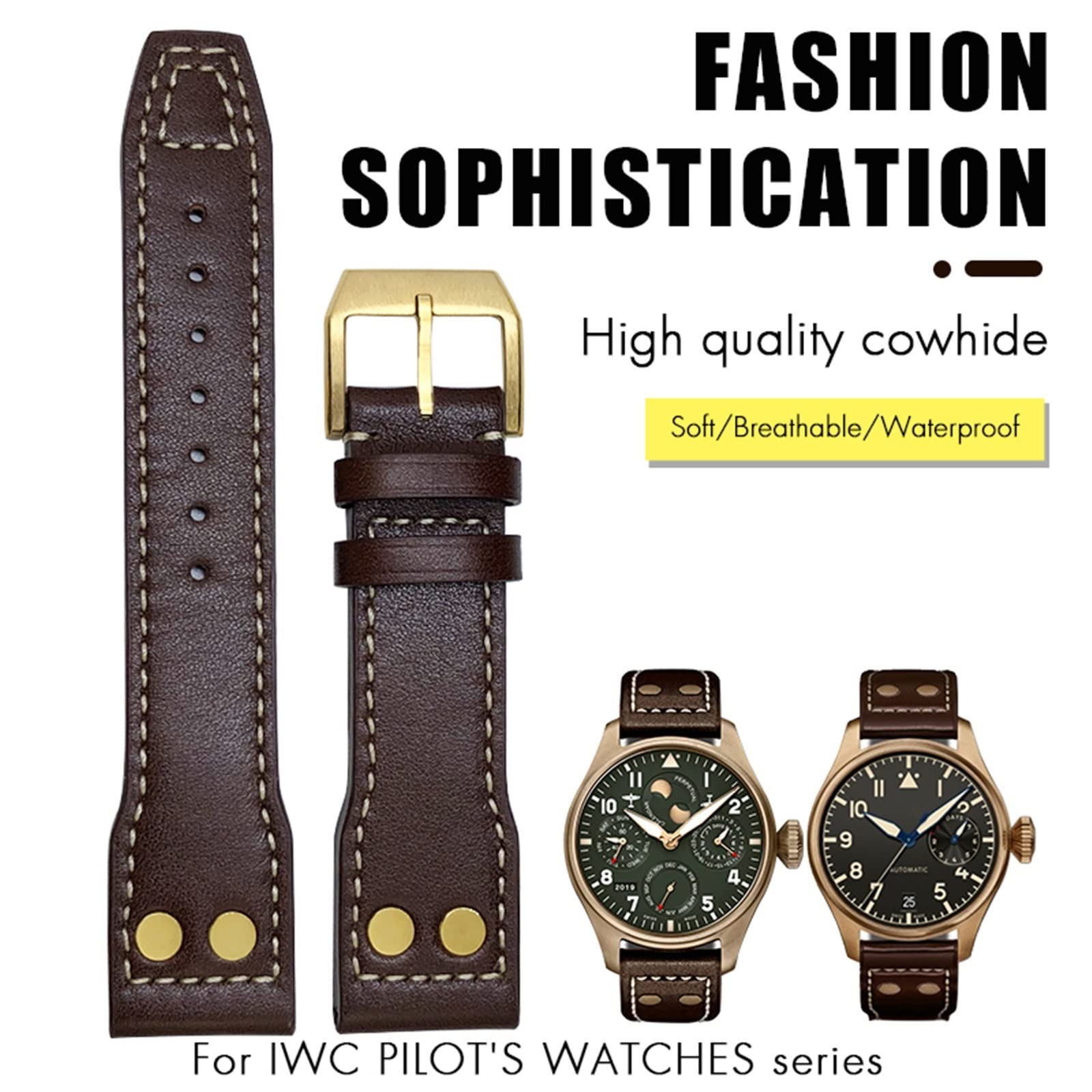 EPANO Correa de reloj de cuero genuino con remaches de bronce de 20 mm, 21 mm, 22 mm, compatible con IWC Bronze Big Pilots Mark 18 Spitfire, 21mm, Agate