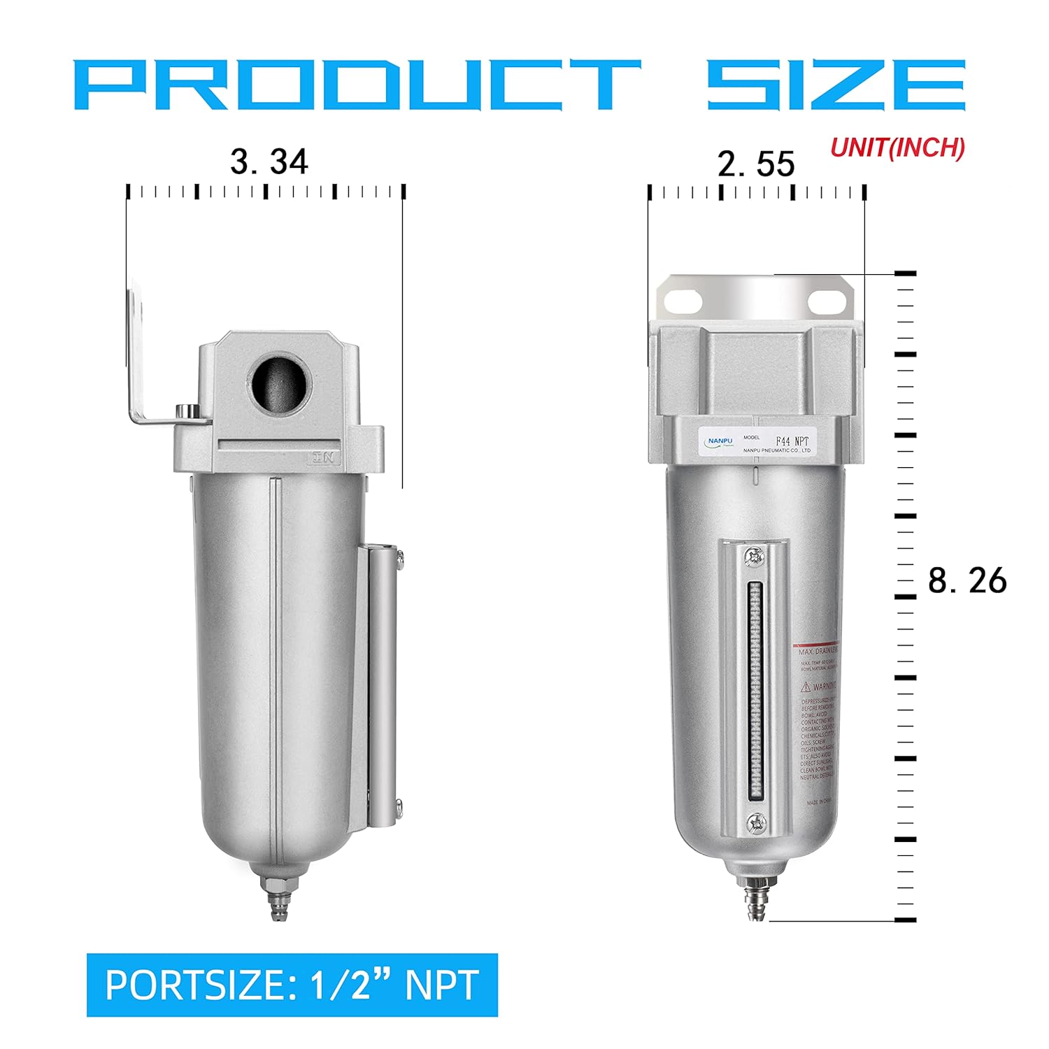 NANPU Industrial Grade Heavy Duty Particulate Filter, Metal Bowl, Suitable for Paint Spray (1/2" NPT, Manual Drain)