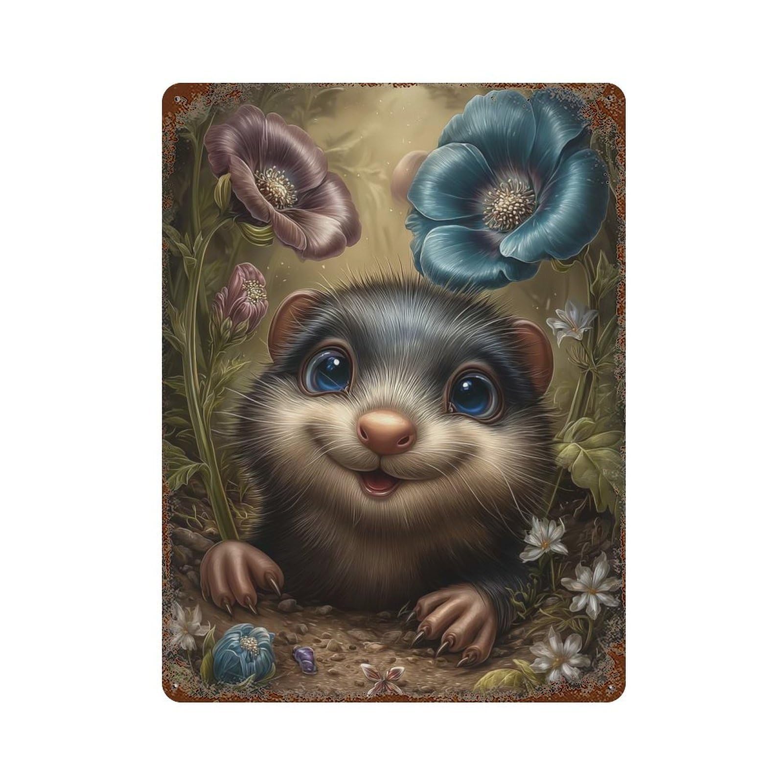 Cute Mole with Flowers Illustration Weathered Tin Sign 15.7"x11.8", Rustic Home Decor for Office, Studio And Wall Decor