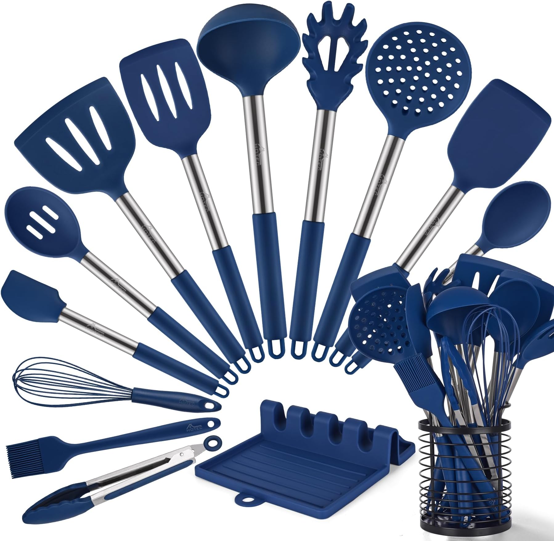 446°F Heat Resistant Silicone Kitchen Utensils, BPA Free Cooking Utensil Set, Spatula Set, Kitchen Gadgets, with Stainless Steel Utensils Holder, Dishwasher Safe, 14pcs Classic Blue