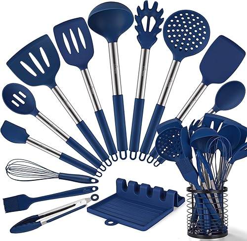 HOTEC Juego de utensilios de cocina de silicona resistentes al calor de 446 F, sin BPA, juego de espátula, utensilios de cocina, con soporte para