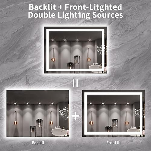 Miniatura 6 de LOAAO Espejo de baño LED de 40 x 30 pulgadas con luces, antiniebla, regulable, retroiluminado + iluminado frontal, espejo de tocador de baño