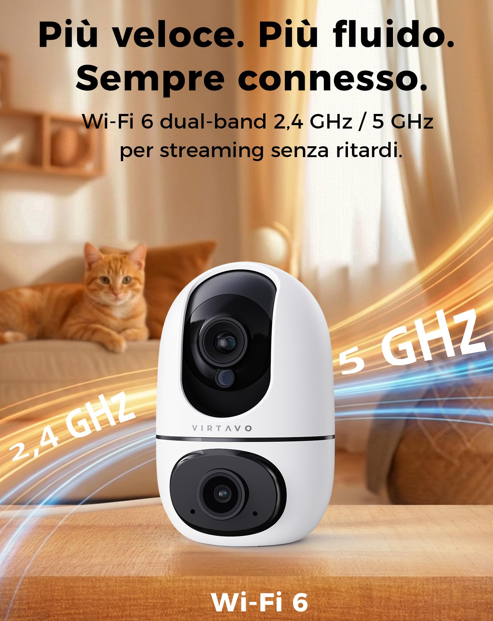 VIRTAVO XD1‑PRO Telecamera Wi‑Fi Interno Doppio Obiettivo, 2 Viste in 1 Schermo, 360° Pan/Tilt/Zoom, Smart Tracking, Audio Bidirezionale, Visione Notturna, Wi‑Fi 6 2,4/5 GHz, Senza Abbonamento