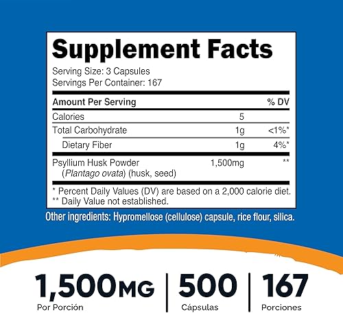 Miniatura 2 de Nutricost Cáscara de psyllium 1500 mg por porción, 500 cápsulas, sin OMG y sin gluten