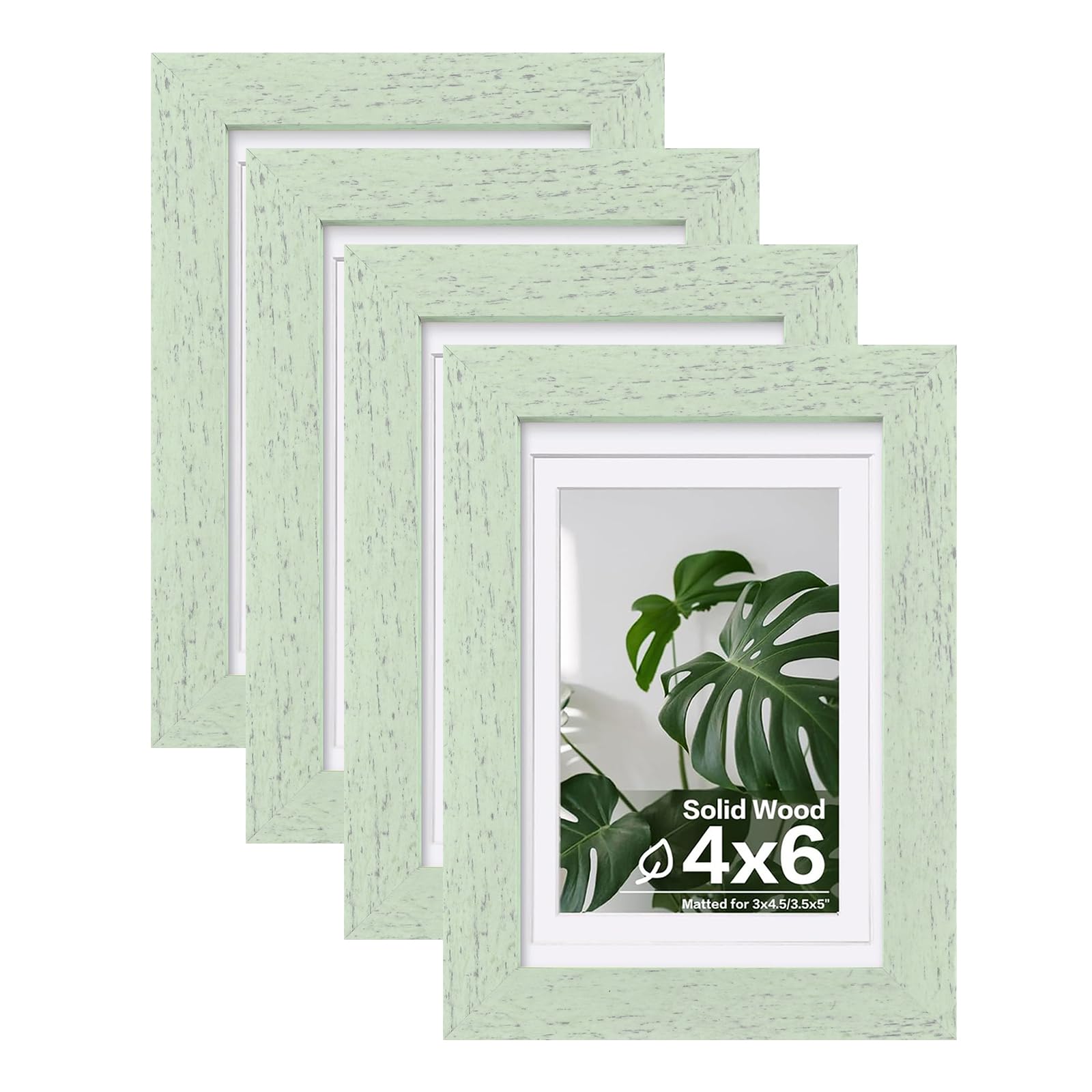 Egofine 4x6 Picture Frames Set of 4, Made of Solid Wood Covered by Plexiglass 3x4.5 and 3.5x5 with Mat or 4x6 without Mat, for Table Top Display and Wall Mounting Photo Frame, Rustic Green