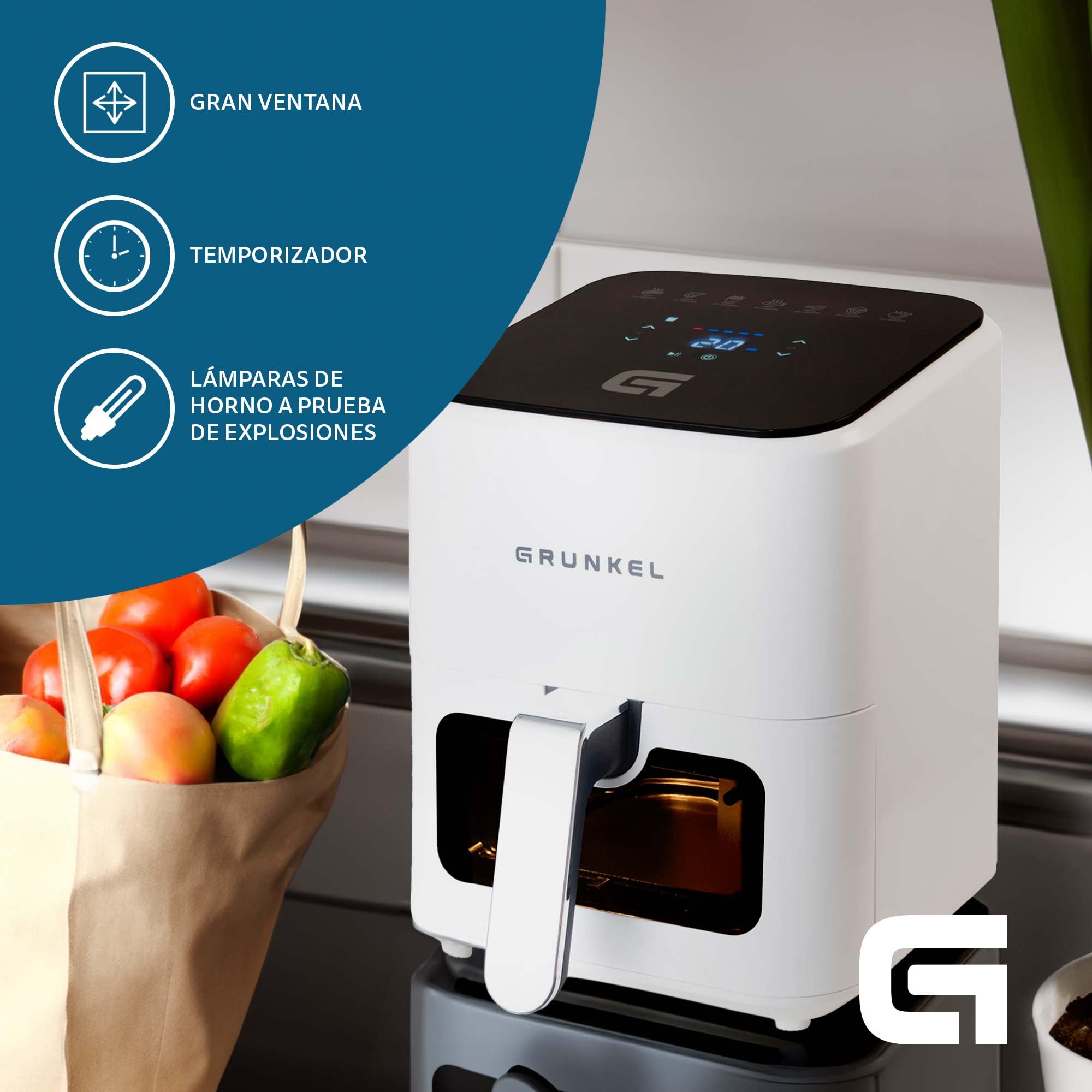 Grunkel - Freidora aire - Air Fryer - 4 Litros y 7 programas. WEF. Panel de control digital Multifunción y ventanal visualización retroiluminada. Temporizador 60 minutos - Freidora sin aceite (Blanco)