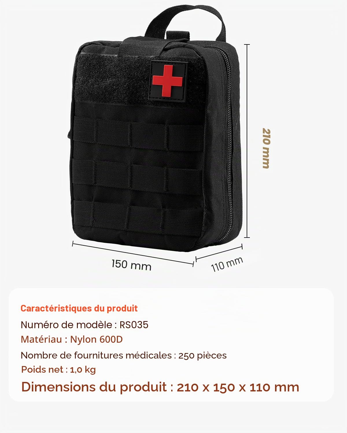VEVOR Trousse Premiers Secours en Nylon 600D Kit Sac de Survie 250 PCS Fournitures Médicales d'urgence, Tissu Résistant, pour Camping, Bateau, Voyages, Randonnée, Chasse, Aventure en Plein Air, Noir