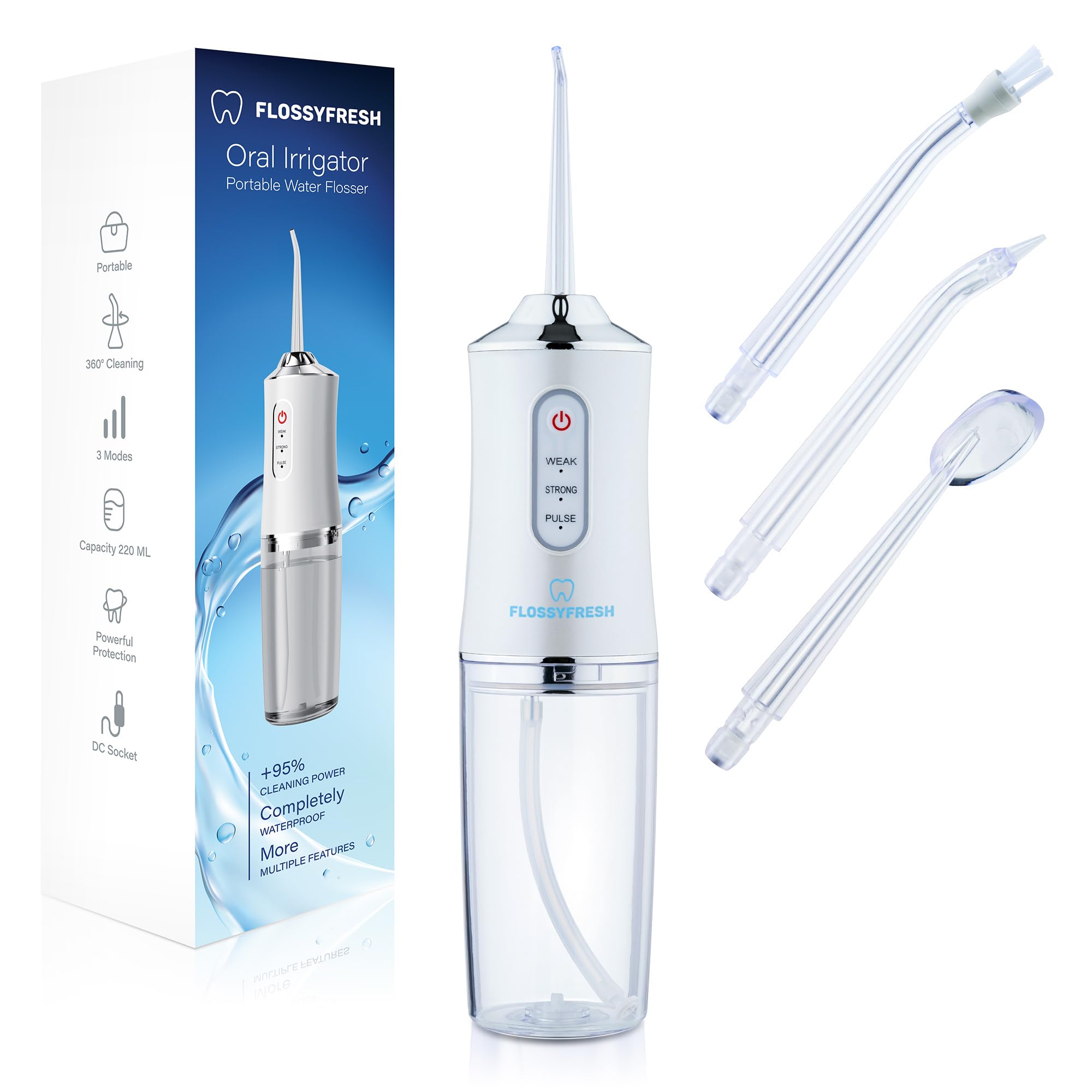 Idropulsore Dentale, Irrigatore Orale, Senza Filo, Rimuove la Placca, Pulizia Dentale a 360°, 3 Modalità di Funzionamento, 4 Ugelli Intercambiabili, Ricarica USB, da Viaggio