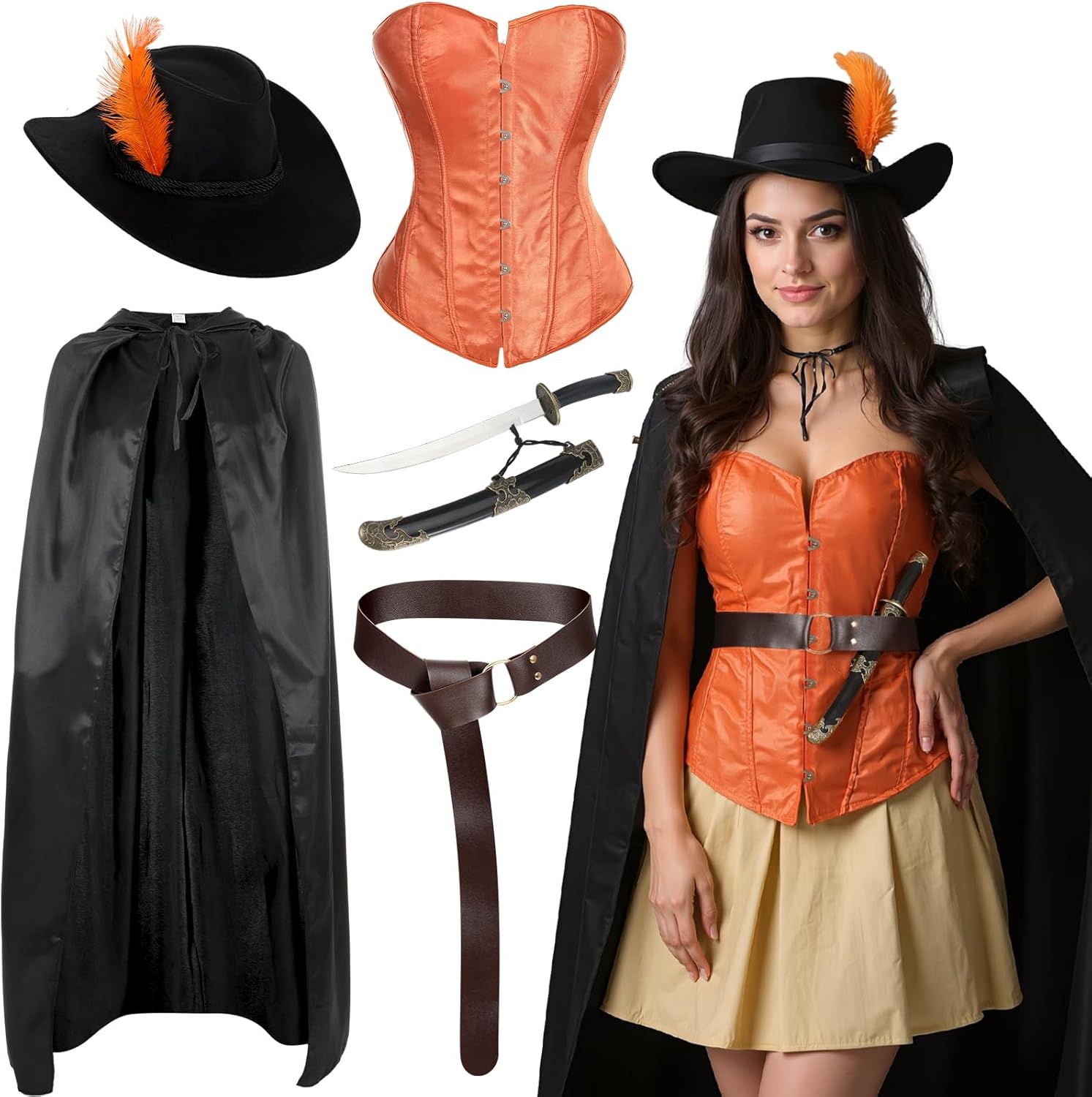 Mepase 6 pcs Halloween Cat in Boots Costume for Women with Hat Sword Leather Belt Bustier Corset Top Cape for Cosplay Large