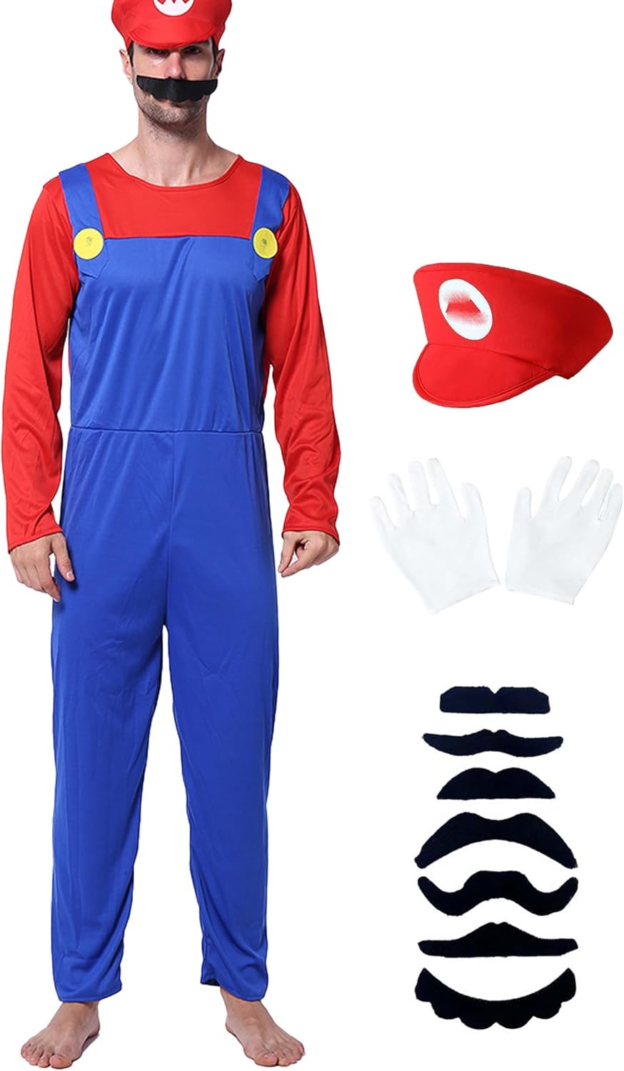 Halloween Costume Adult Plumber Jumpsuit with Hat Gloves Moustache Costume Accessories Set