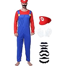 Halloween Costume Adult Plumber Jumpsuit with Hat Gloves Moustache Costume Accessories Set