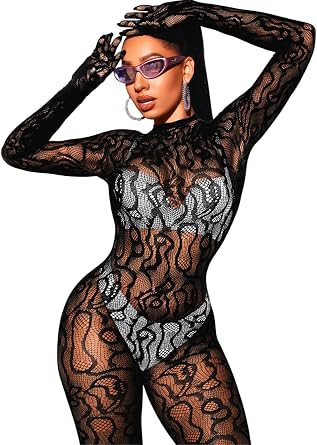EHSUYAB Women Sexy Fishnet Full Bodysuit, Mesh Lace Poster Jumpsuit Glow Party Rave Outfits, Body Stockings Halloween Costume