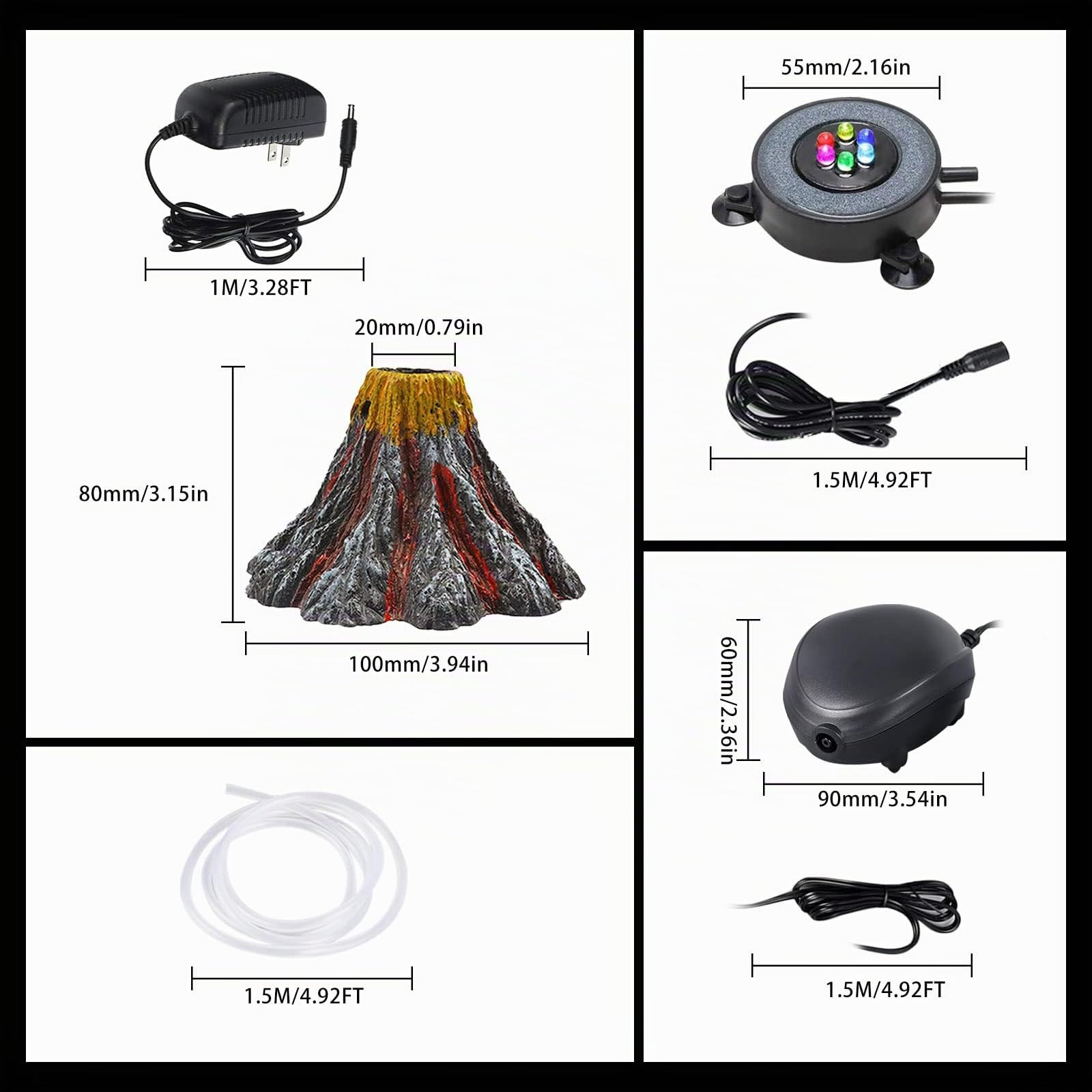 Aquarium Volcano Ornament Kit, Multi Colour LED Light Air Stone for Aquariums Air Pump Accessories, Aquarium Bubbler for Aquarium Fish Tank Decoration