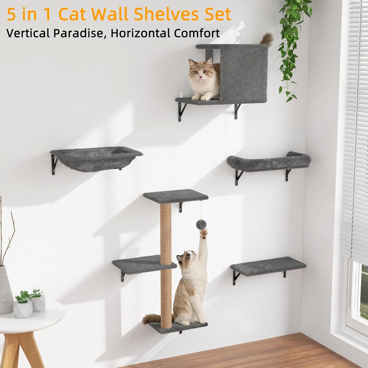 Cat Wall Shelves 5-Piece Set,Cat Walls Furniture for Indoor Large Cats Includes Bed, Cave, Scratching Post, Hammock, Space Saving Floating Shelves (Dark Gray)