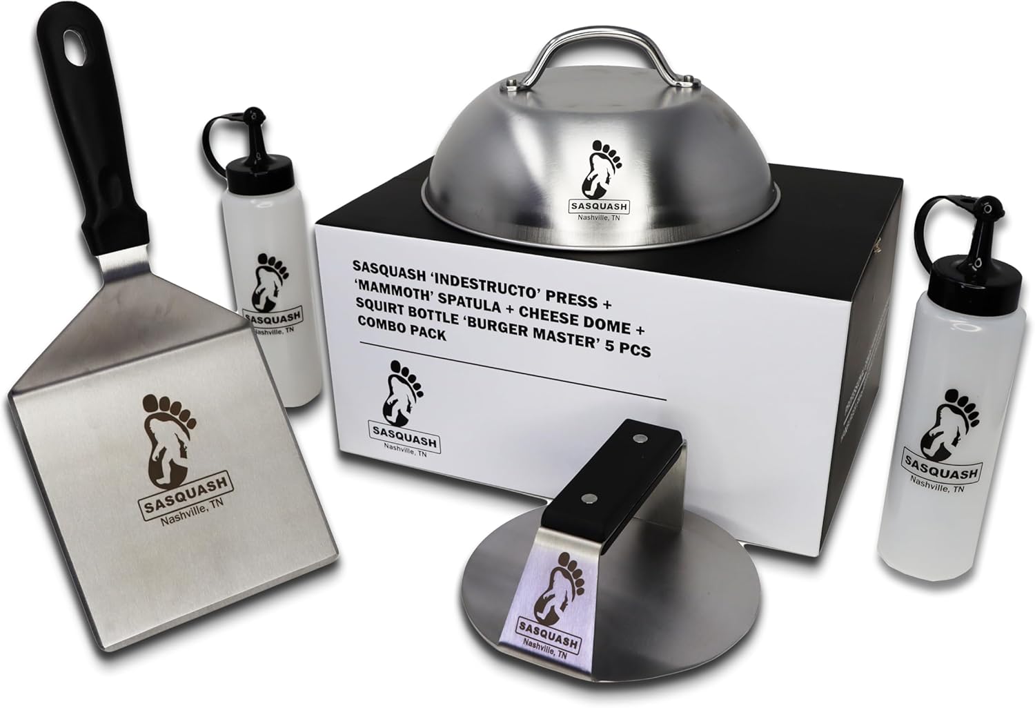 Sasquash Burger Press Kit, 5 Piece Smash Burger Set, Smash Burger Press, Spatula, Melting Dome and 2 Squirt Bottles for Griddle and Grill, Stainless Steel, Kitchen Gadgets, Grilling Accessories